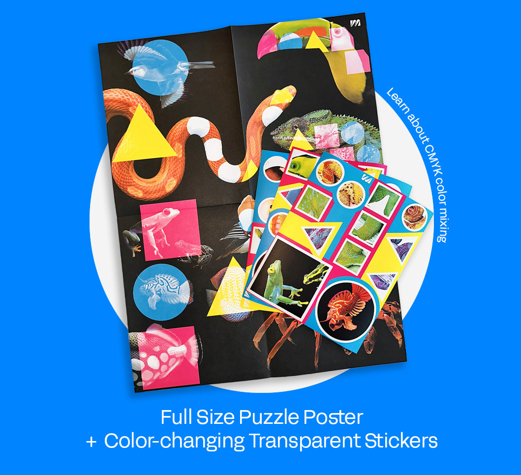 Colorful puzzle poster with animal images and transparent stickers on a blue background.