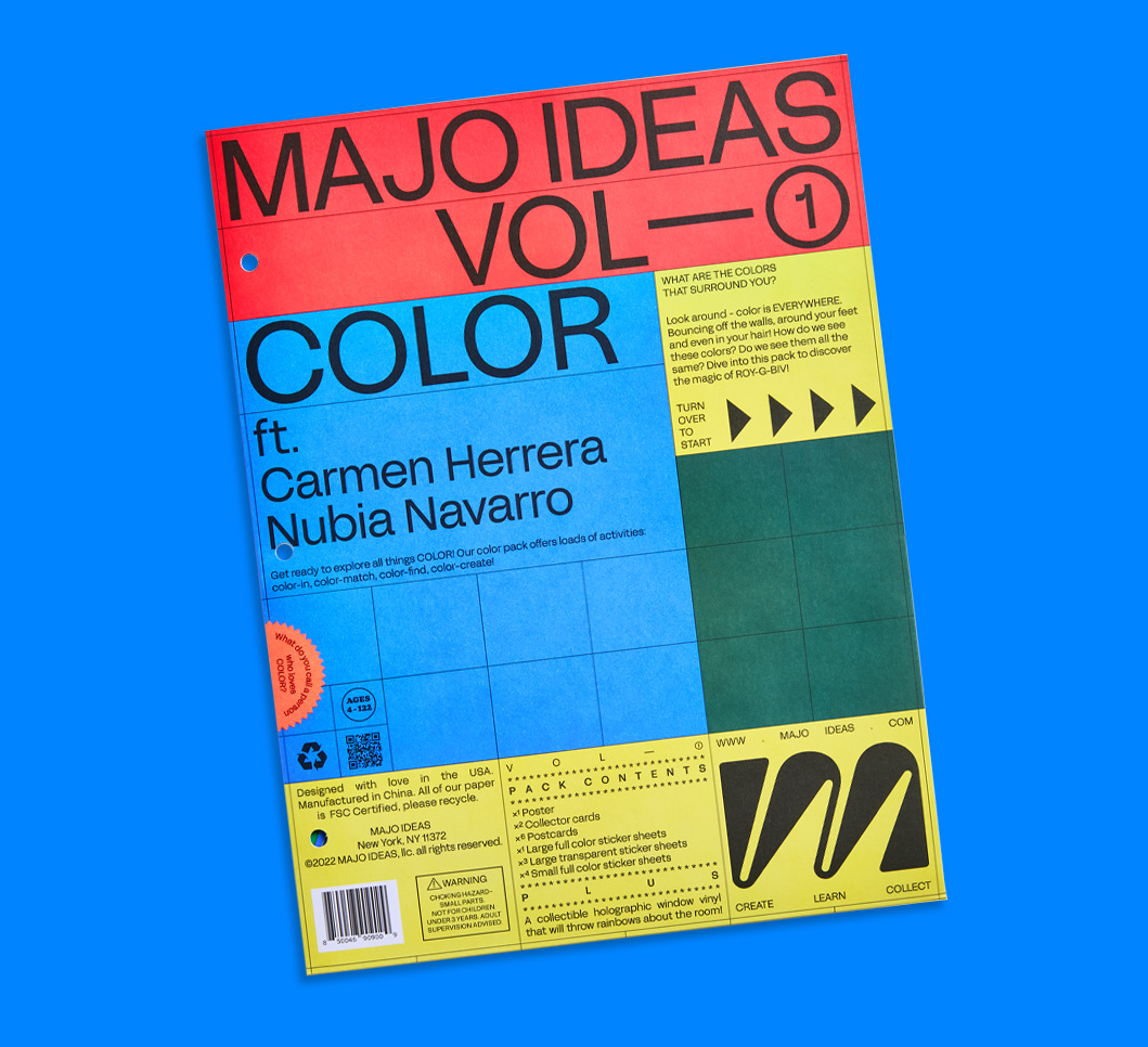 Colorful magazine cover titled 'MAJO IDEAS VOL 1' featuring Carmen Herrera and Nubia Navarro.