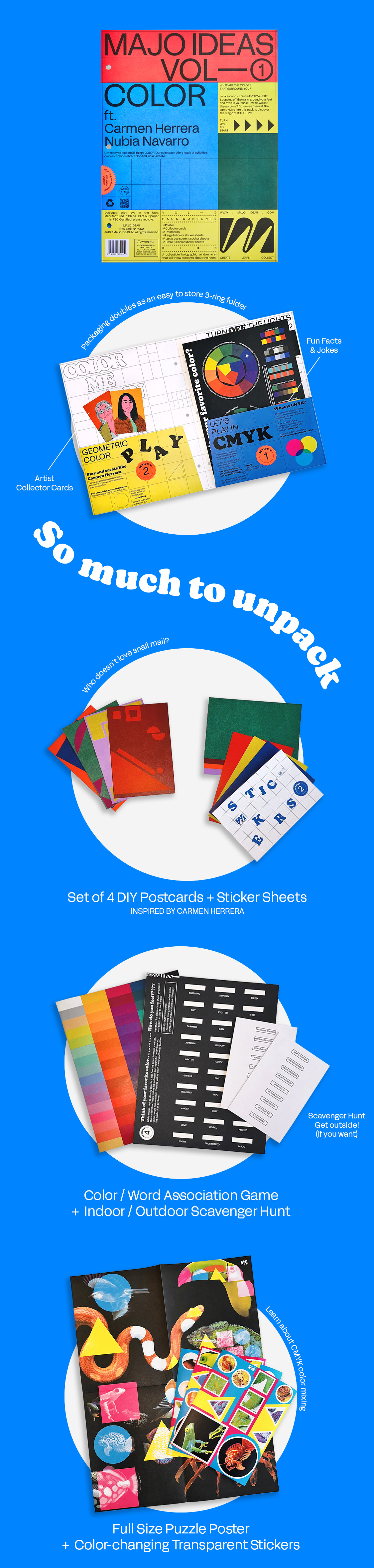 Colorful educational kit with booklets, postcards, stickers, and a puzzle poster on a blue background.
