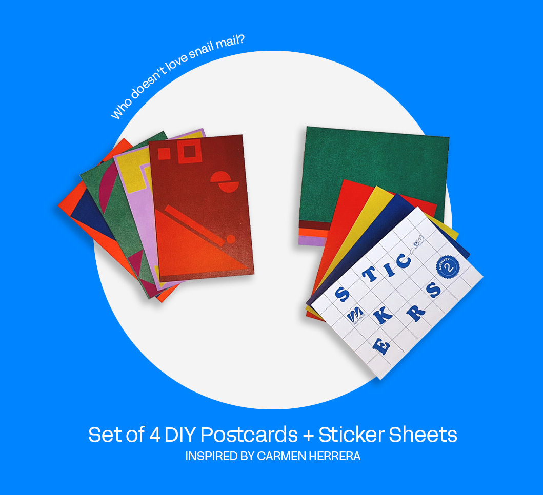Colorful DIY postcards and sticker sheets on a blue background.