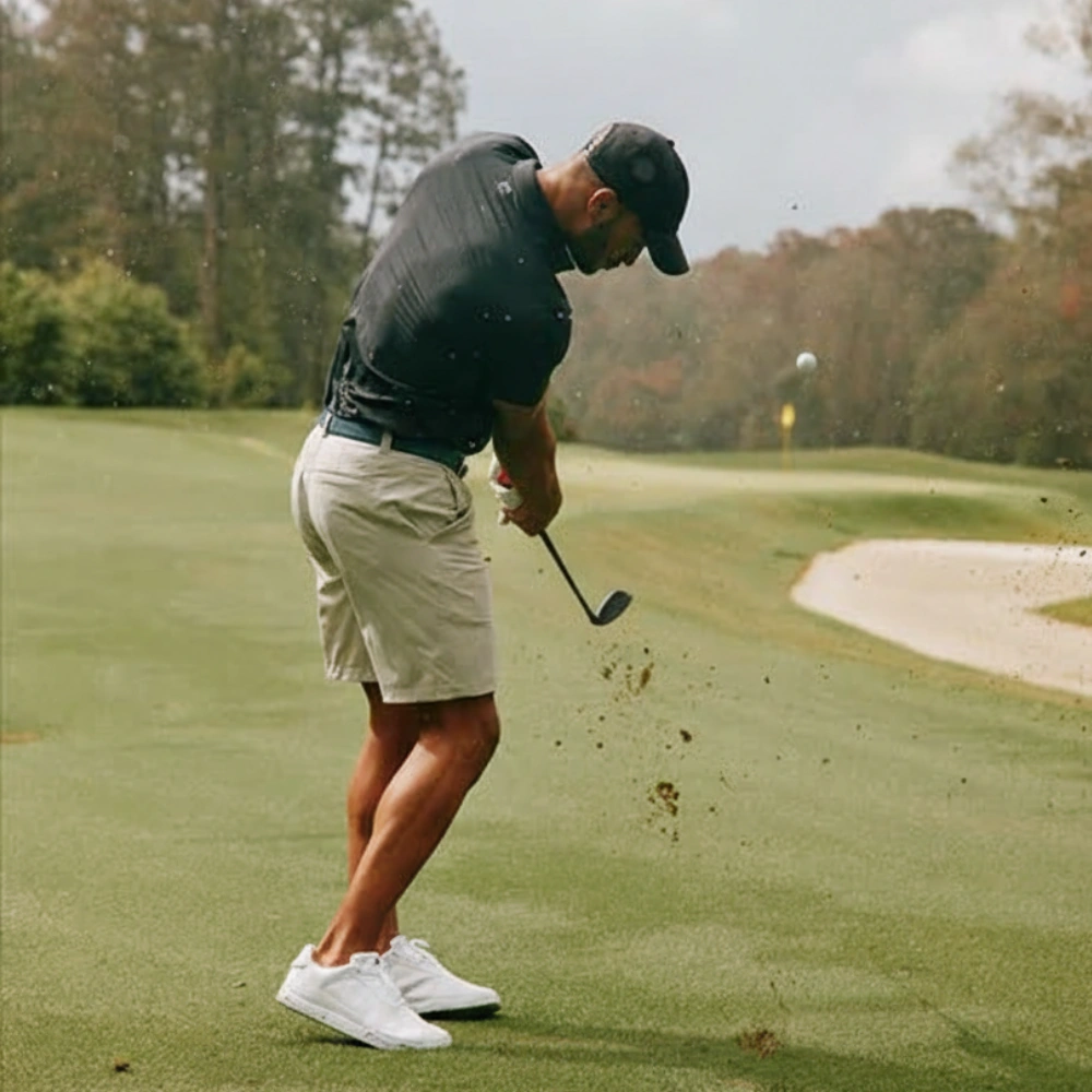 Person playing golf, swinging a club on a green course.