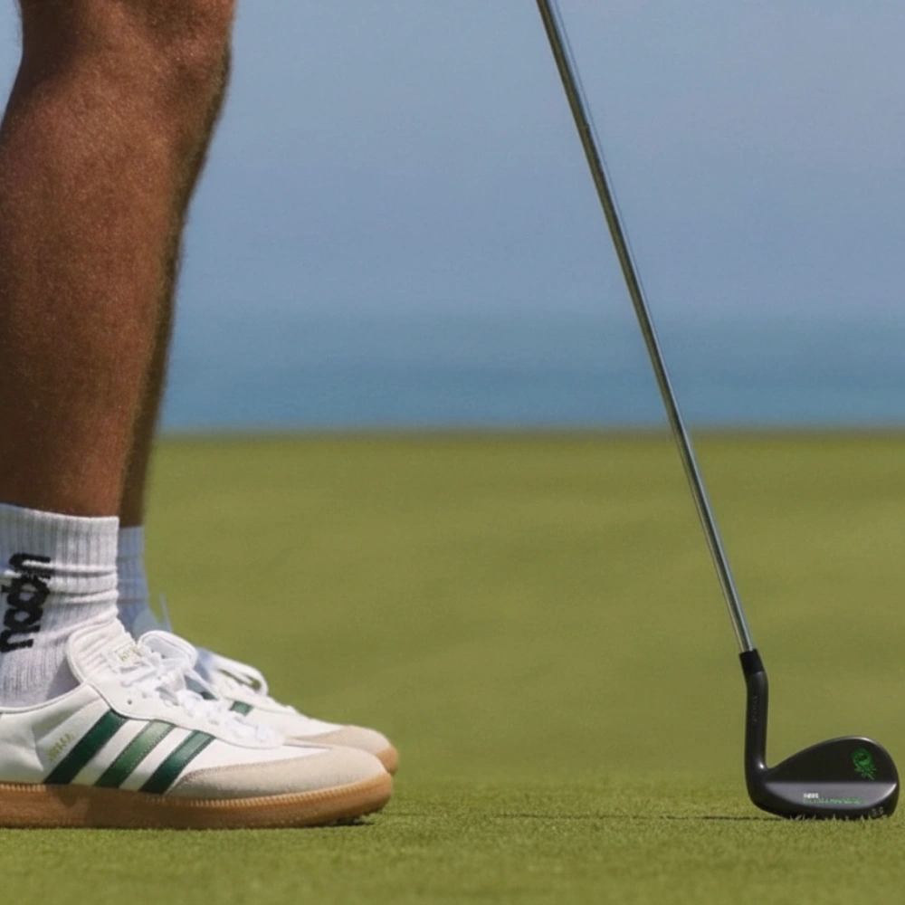 Person wearing sneakers standing on a golf course with a golf club.