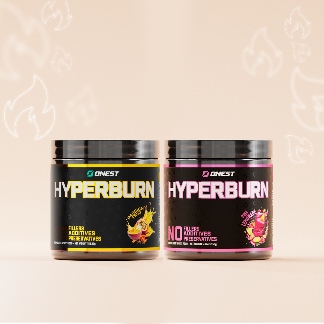 Two jars of Onest Hyperburn supplement, passion fruit and pink lemonade flavors.