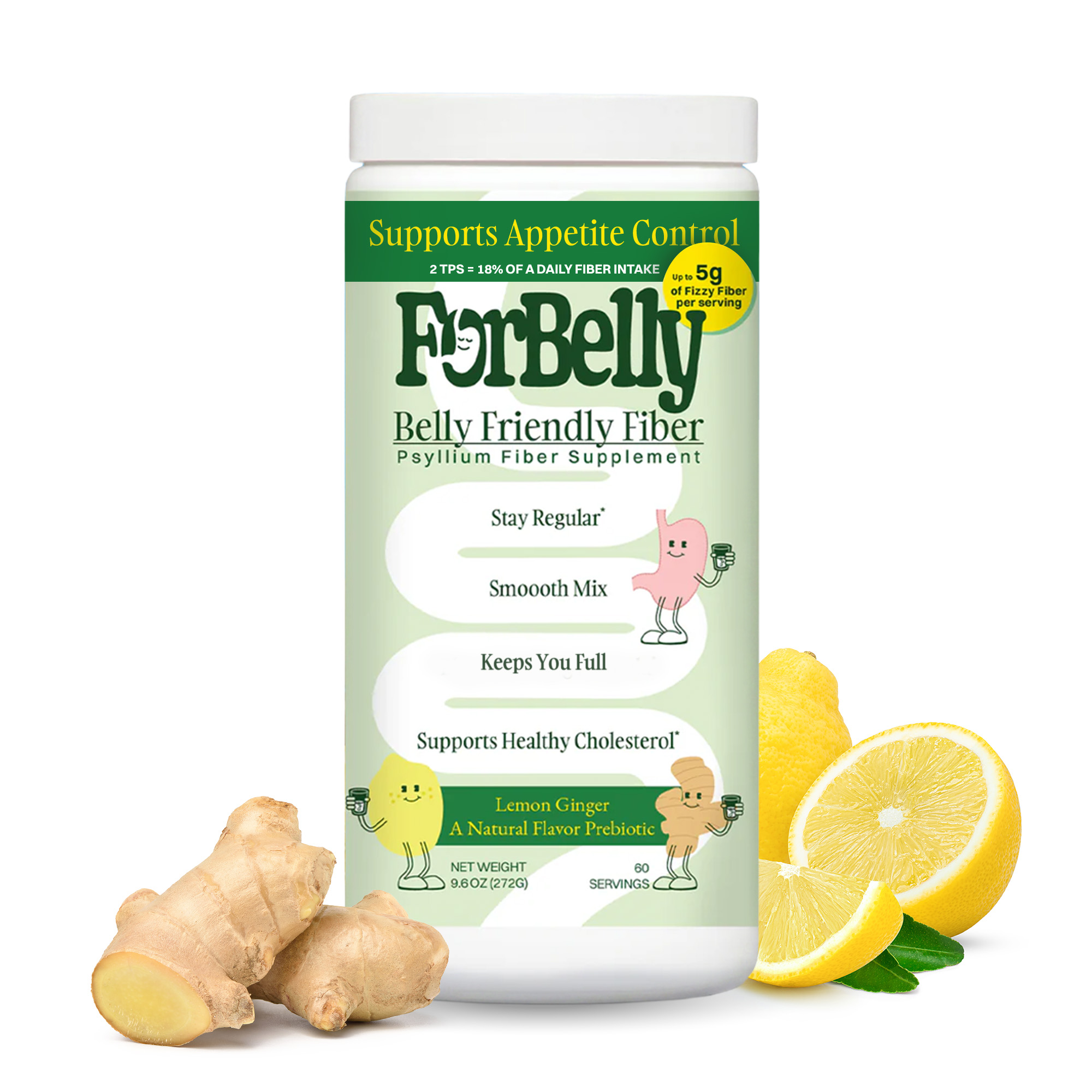 A container of ForBelly lemon ginger fiber supplement is shown with fresh ginger and lemons.