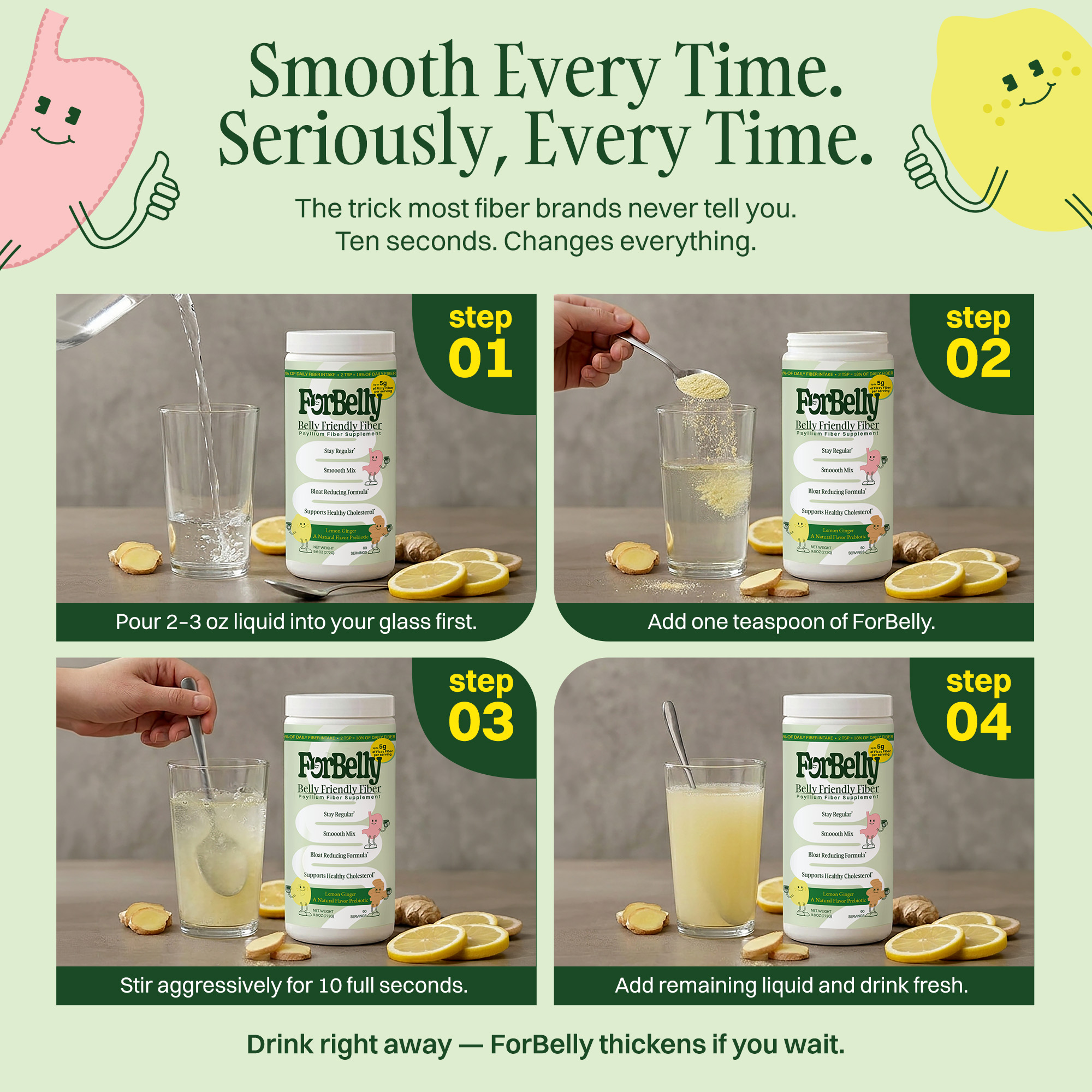 A four-step instructional graphic showing how to mix ForBelly fiber supplement powder in a glass of water.