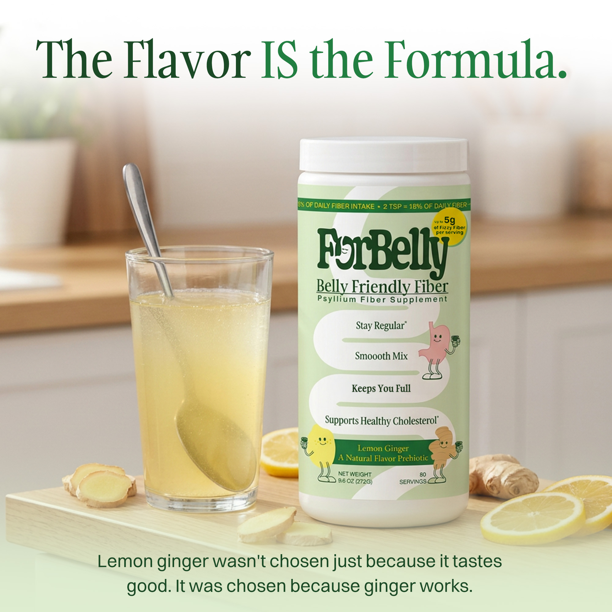 A bottle of ForBelly lemon ginger fiber supplement next to a prepared drink with lemon and ginger slices.