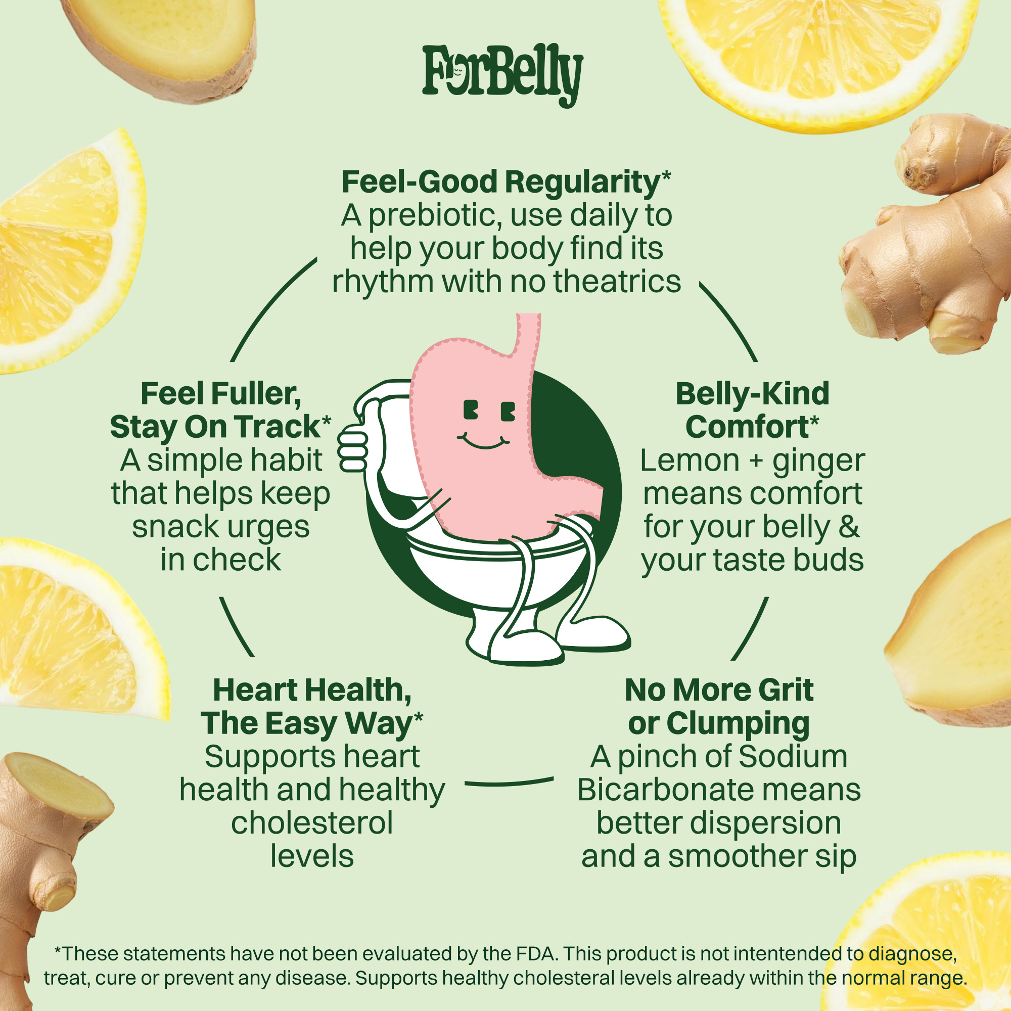 An infographic for ForBelly showing a cartoon stomach on a toilet surrounded by text listing health benefits.
