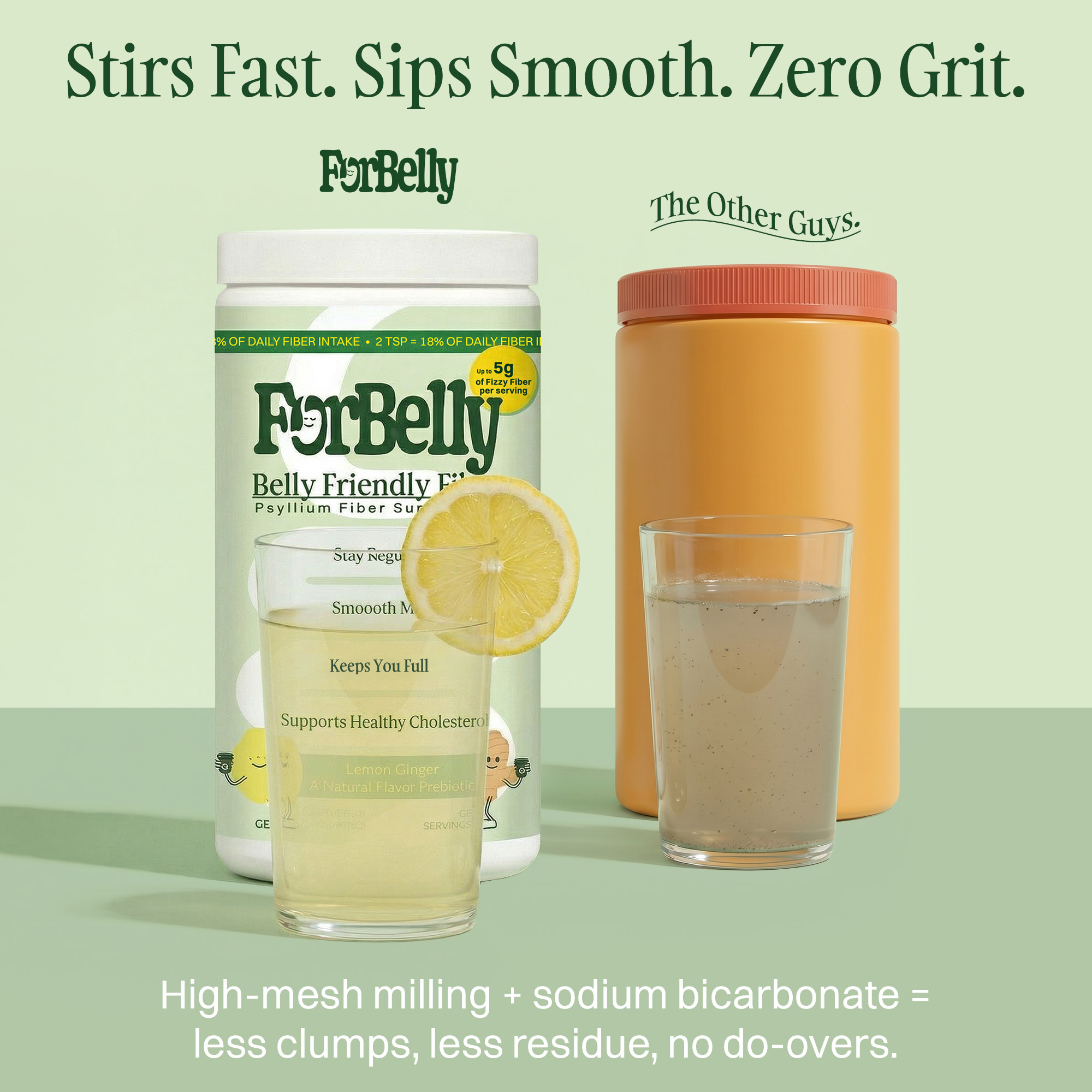 A side-by-side comparison of ForBelly fiber drink, which is smooth, versus a gritty competitor's drink.