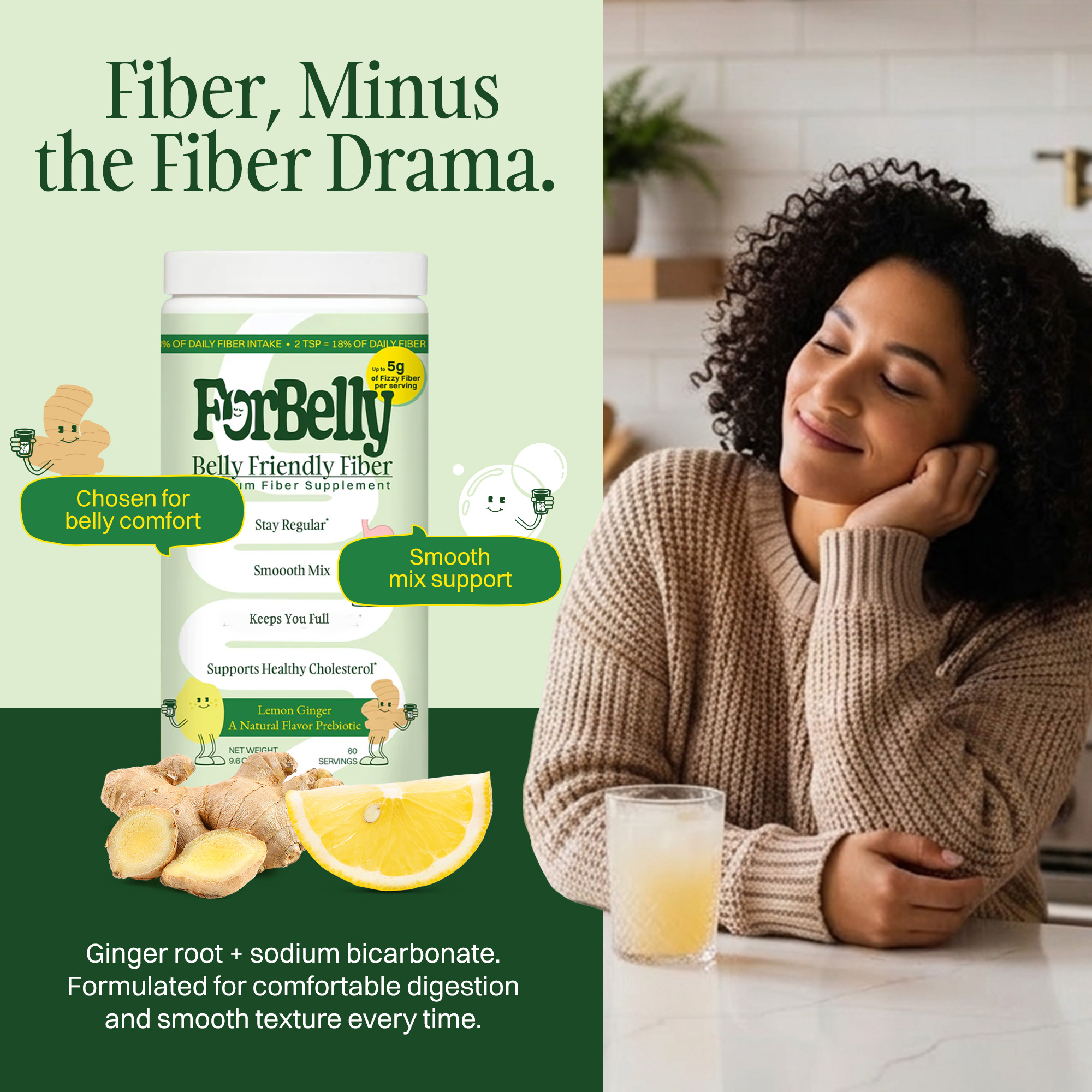 An advertisement for ForBelly fiber supplement, showing a relaxed woman next to the product container with lemon and ginger.