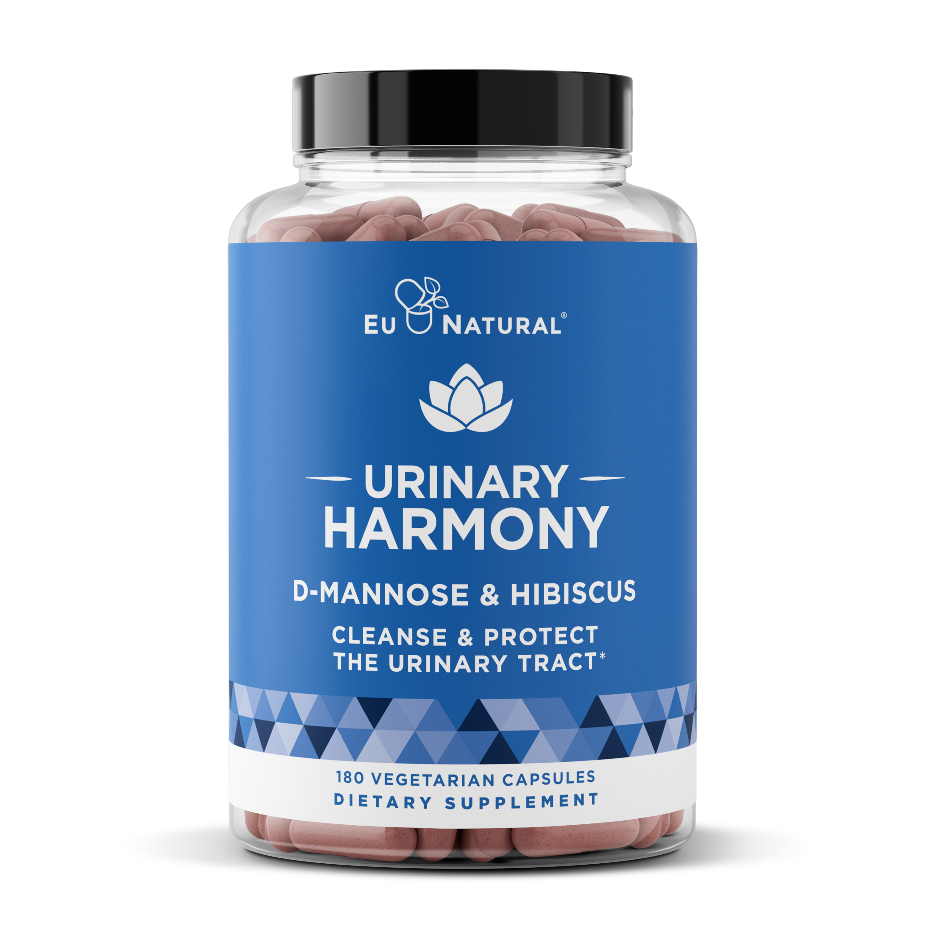 A clear bottle of EU Natural Urinary Harmony dietary supplement capsules against a solid green background.