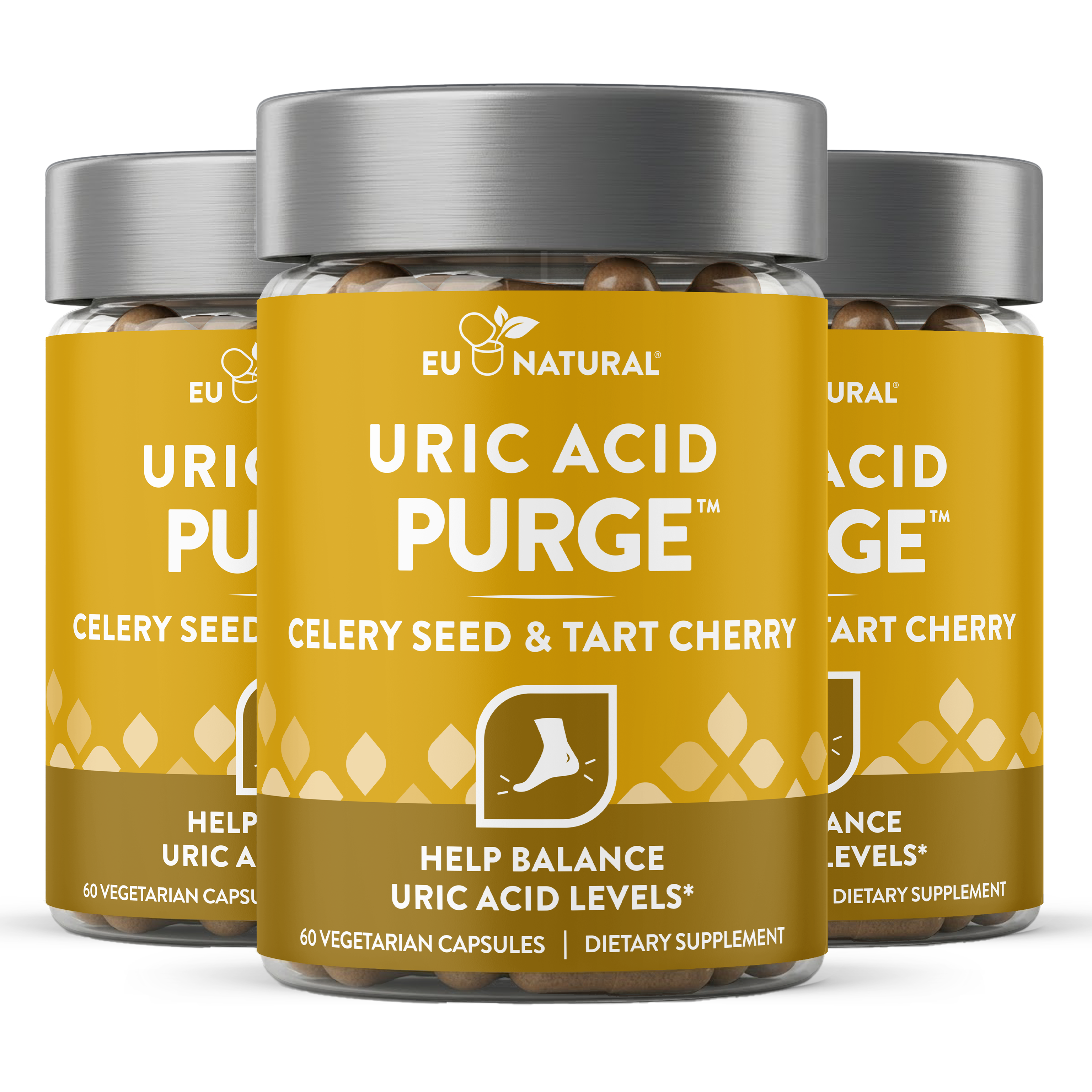 Three bottles of EU Natural Uric Acid Purge supplement against a white background.