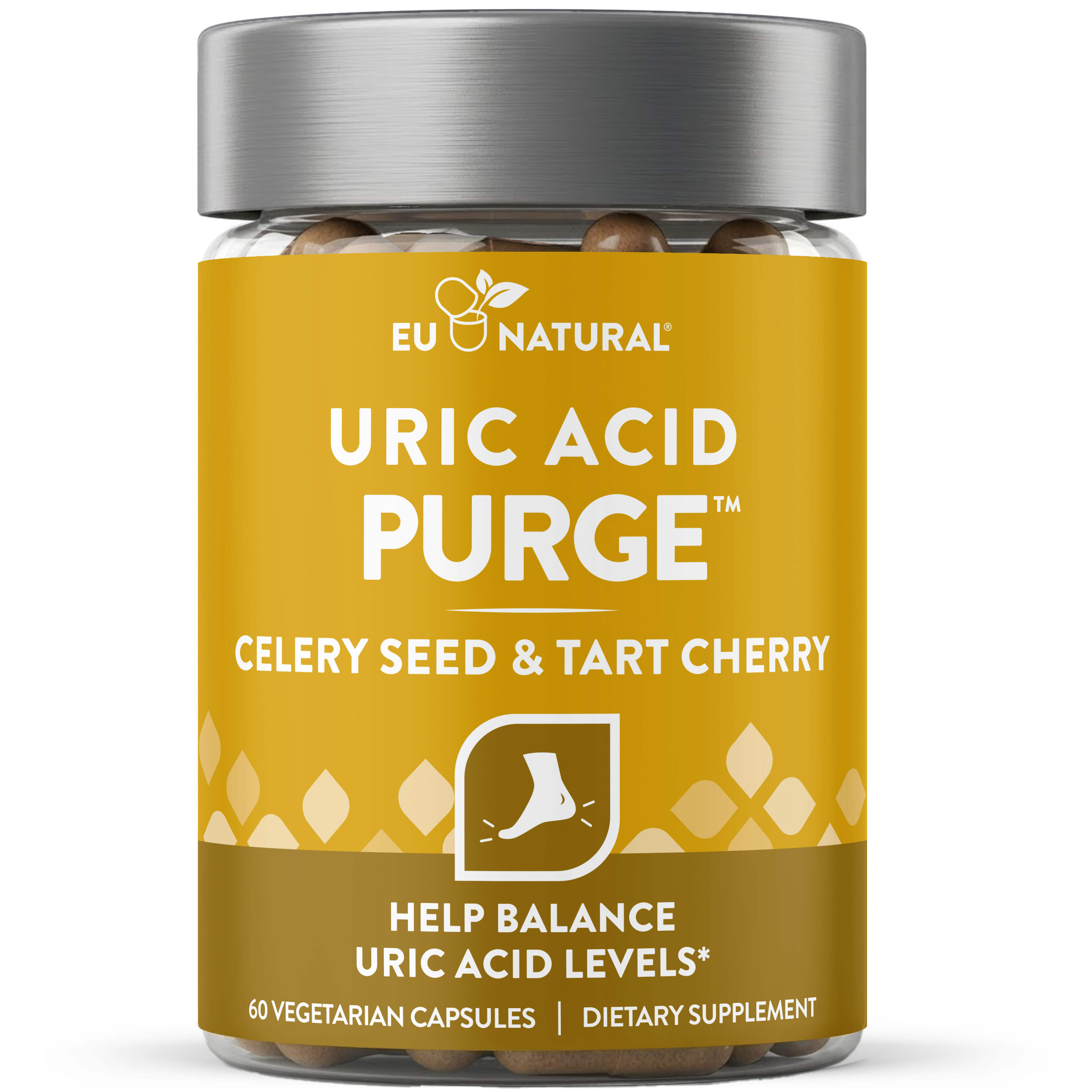 A bottle of EU Natural Uric Acid Purge dietary supplement with celery seed and tart cherry.