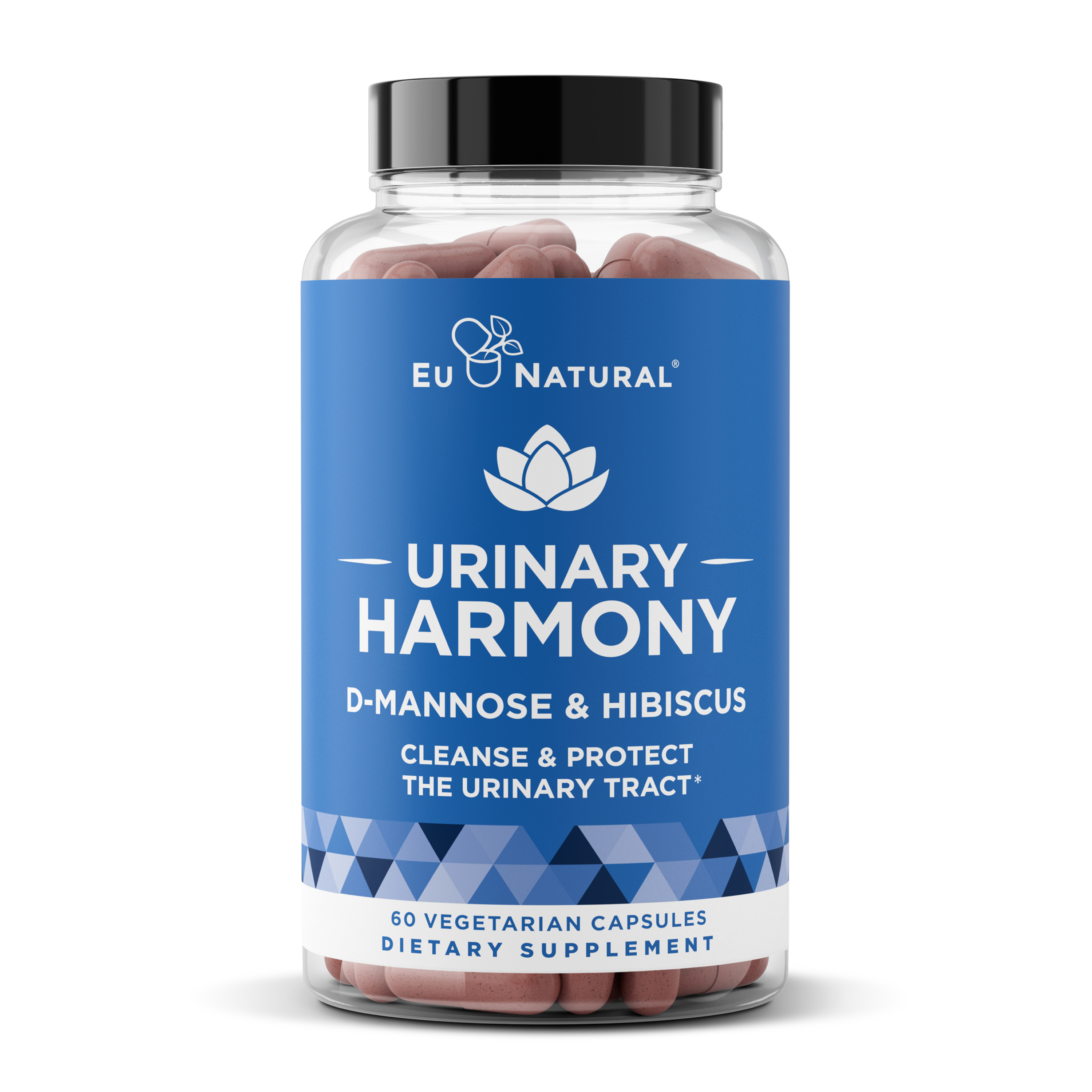 A bottle of EU Natural Urinary Harmony D-Mannose & Hibiscus dietary supplement capsules against a green background.