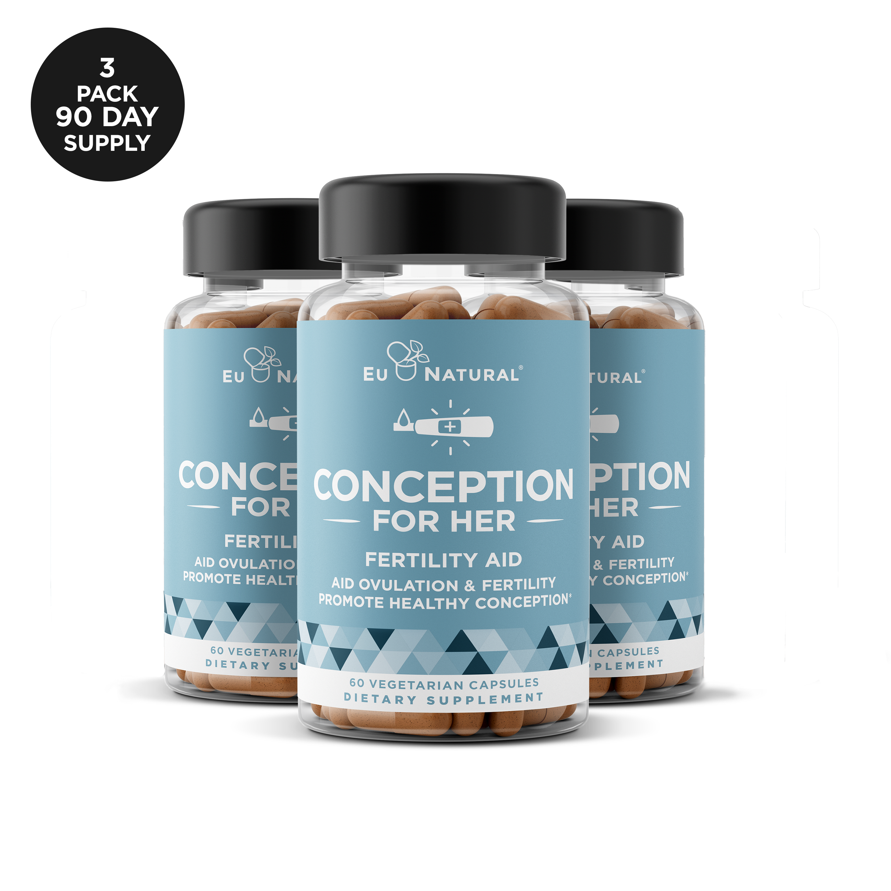 Three bottles of fertility aid capsules labeled Conception for Her.