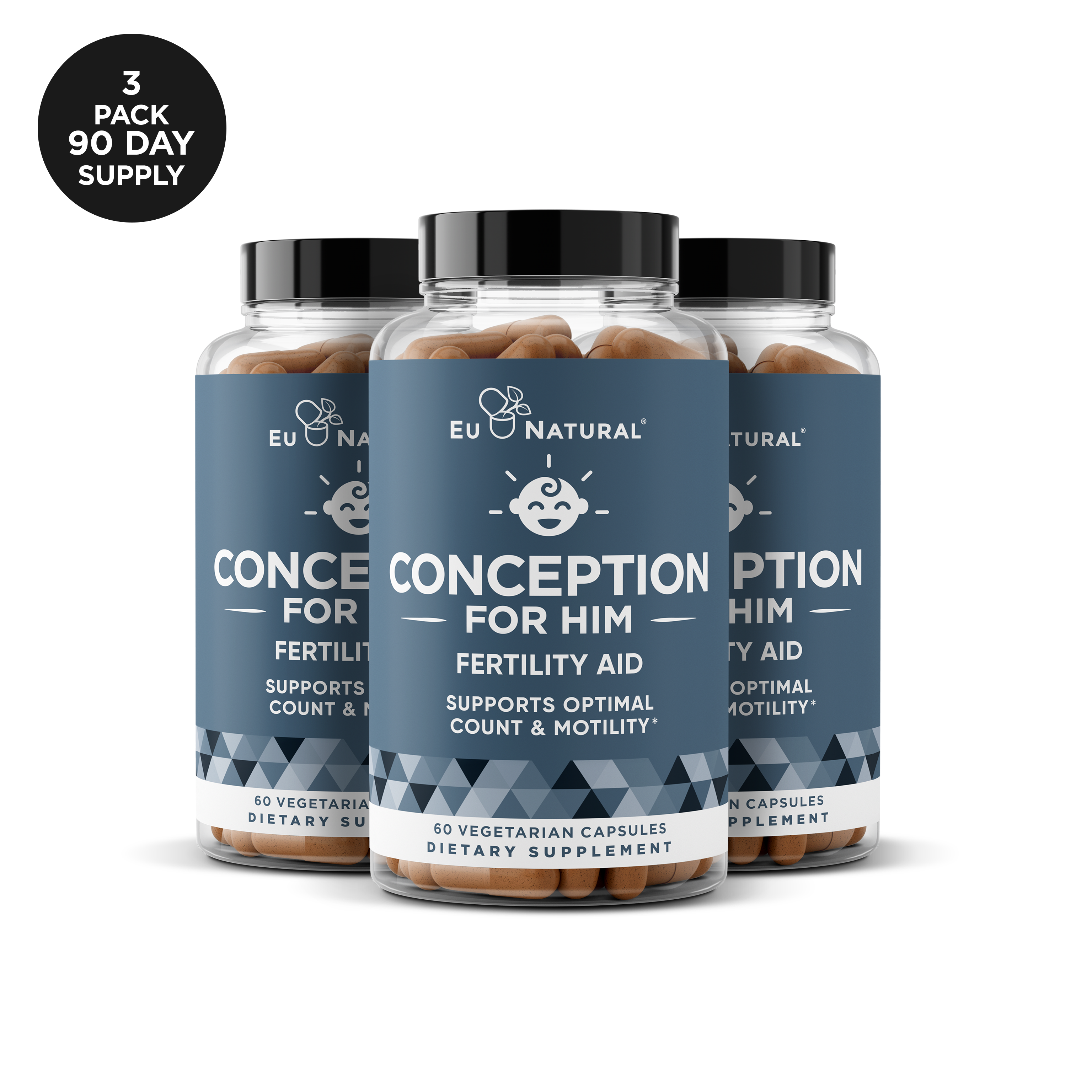 Three bottles of Eu Natural Conception for Him fertility aid supplement.