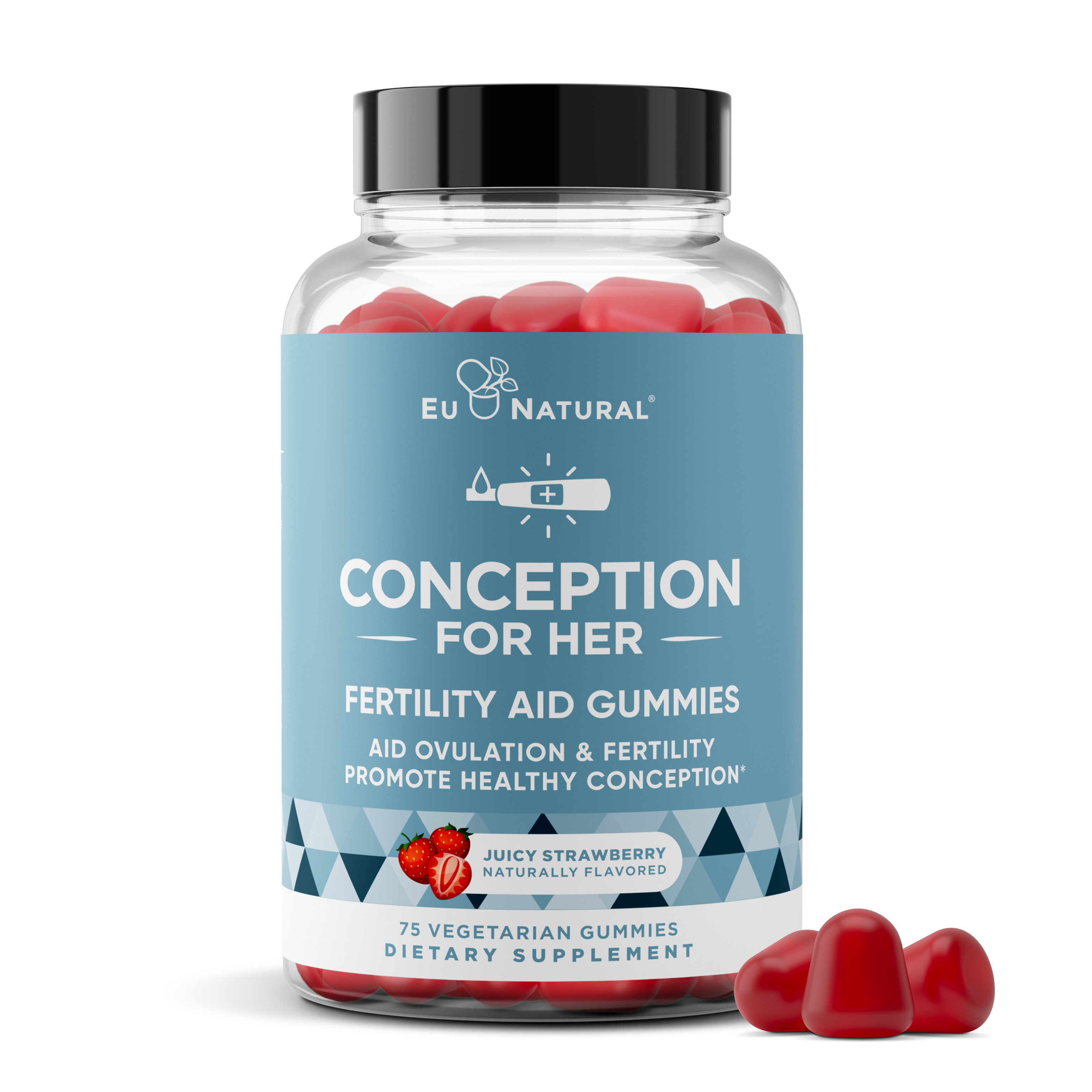 Bottle of red fertility aid gummies labeled 'Conception for Her.'