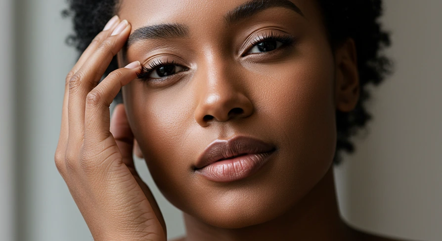 Close-up of a person touching their face, looking directly at the camera.
