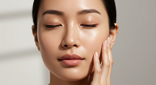 Person with closed eyes touching their face, in soft lighting.