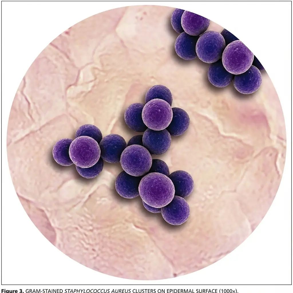 Purple spherical bacteria clusters on a beige textured surface.