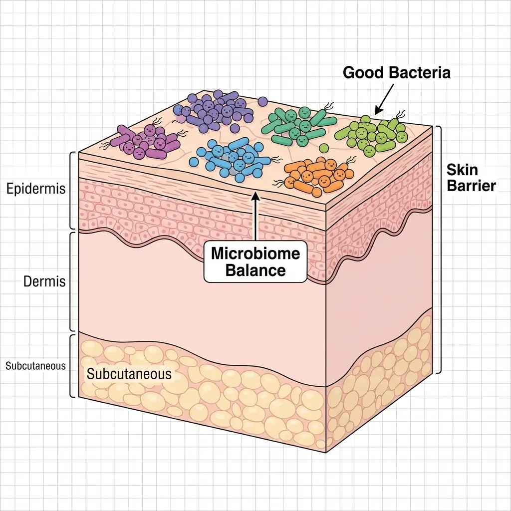 Diagram of skin layers with good bacteria and microbiome balance.