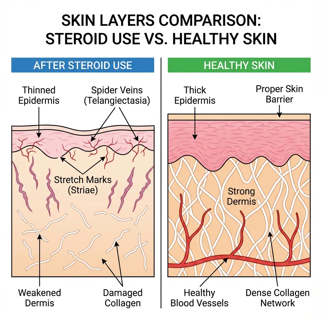 Comparison of skin layers after steroid use versus healthy skin with labels.