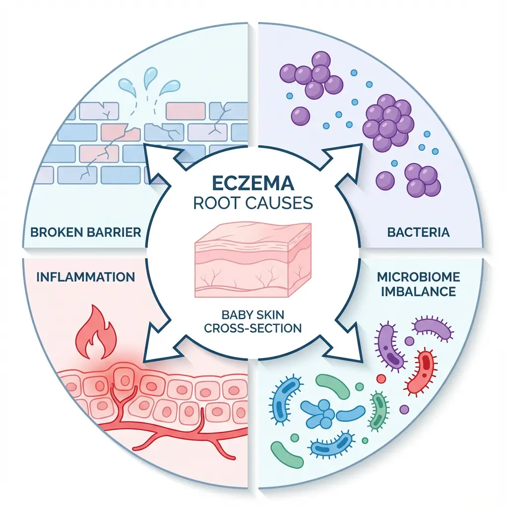 Diagram of eczema root causes: broken barrier, inflammation, bacteria, microbiome imbalance.