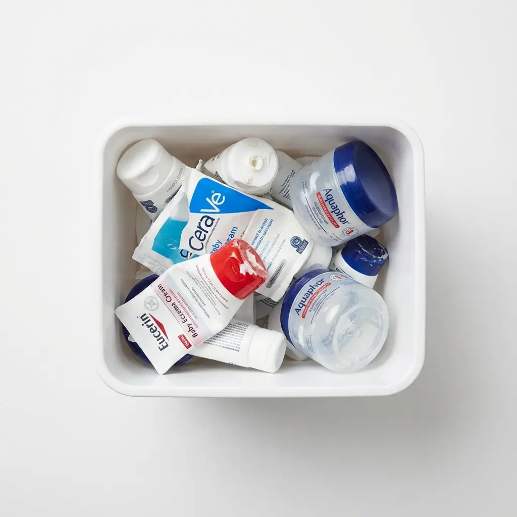 Container with assorted skincare product tubes and jars.