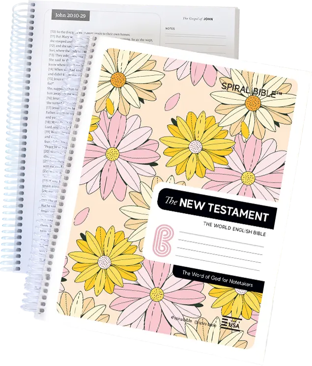 Spiral-bound New Testament book with floral cover design and open pages.
