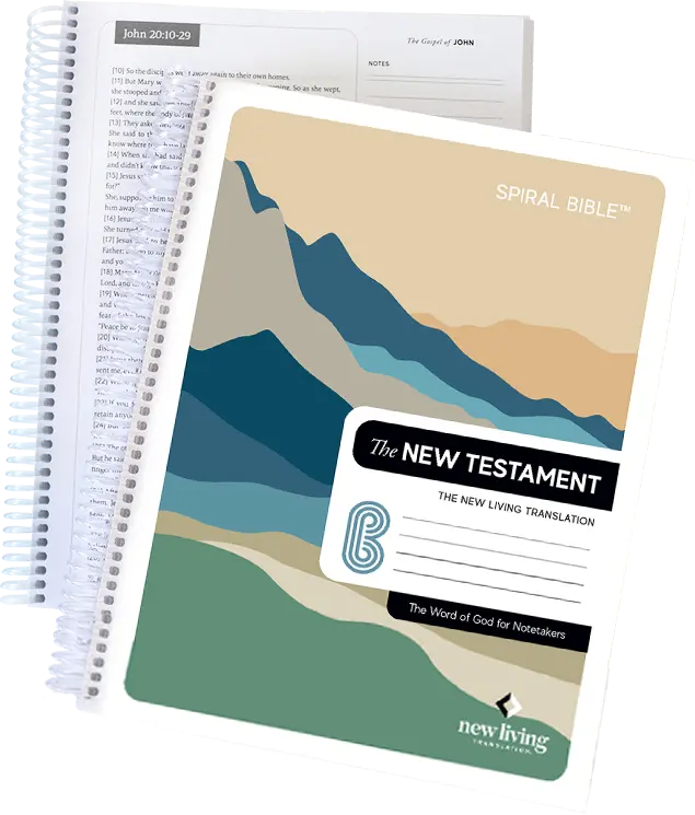 Spiral-bound New Testament book with colorful abstract cover design.