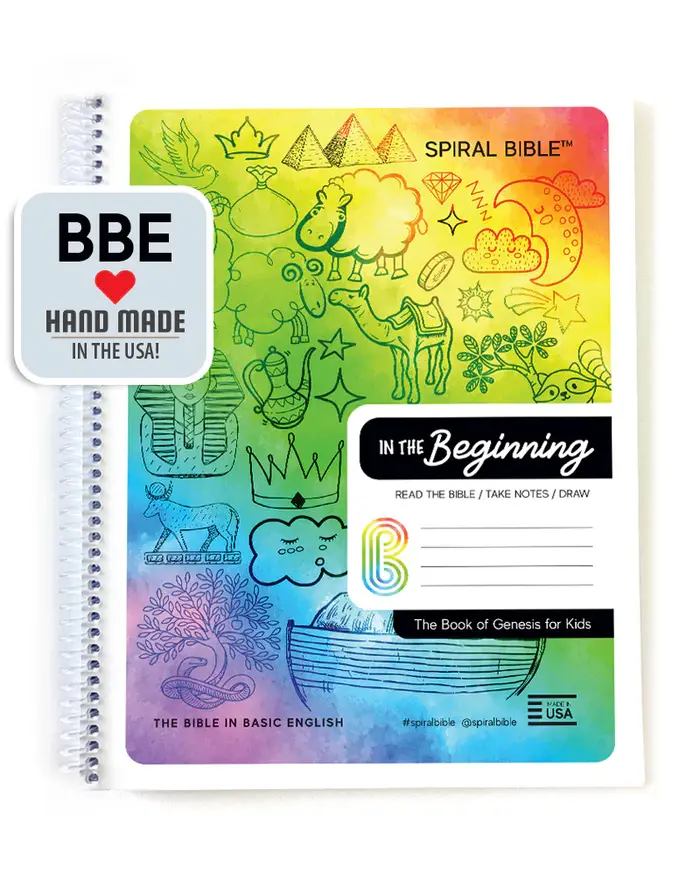 Colorful children's Bible notebook with illustrations and 'In the Beginning' text on the cover.