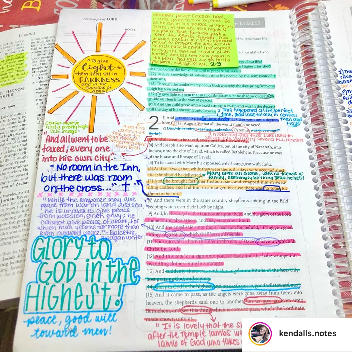 An extensively annotated Bible page with colorful highlights and handwritten notes.