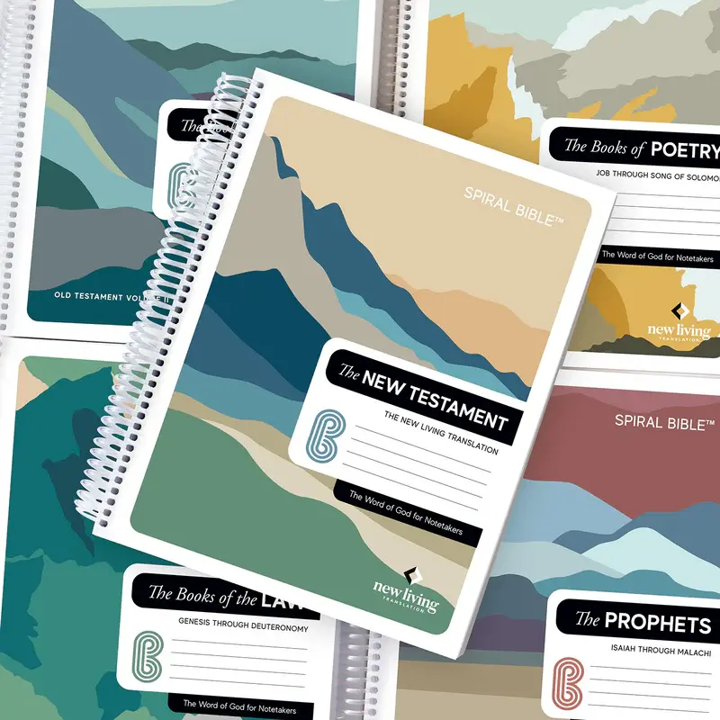 Spiral-bound Bible notebooks with colorful abstract covers and various titles, including New Testament and Prophets.