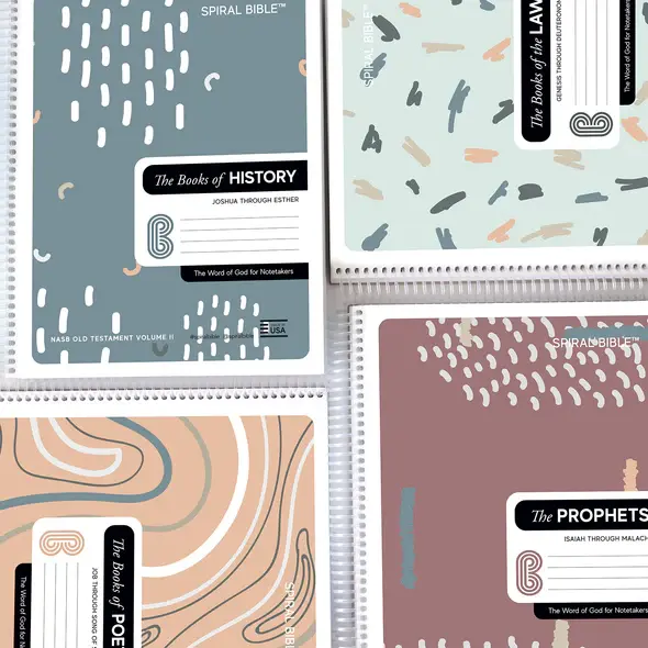 Four spiral-bound notebooks with abstract designs and biblical titles displayed.