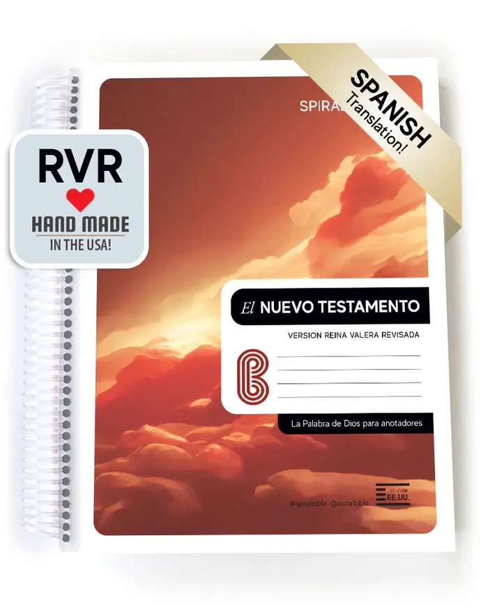 Spanish New Testament book with red cloud cover and spiral binding.