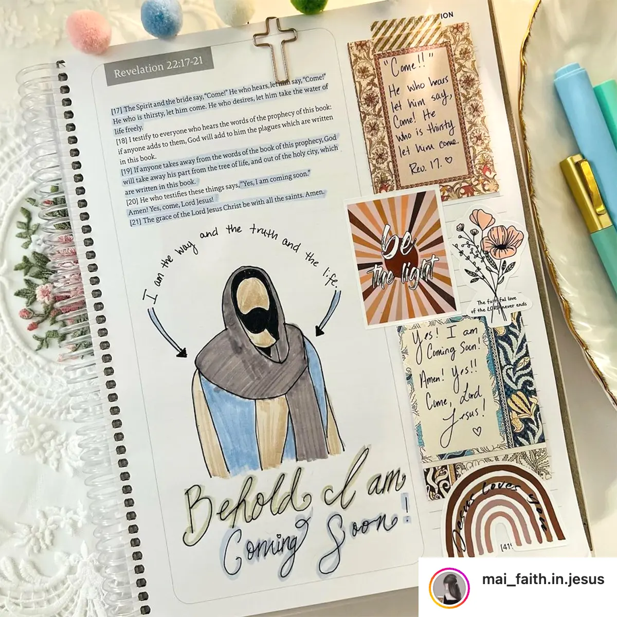 A journal page with religious quotes, drawing, and decorative elements.