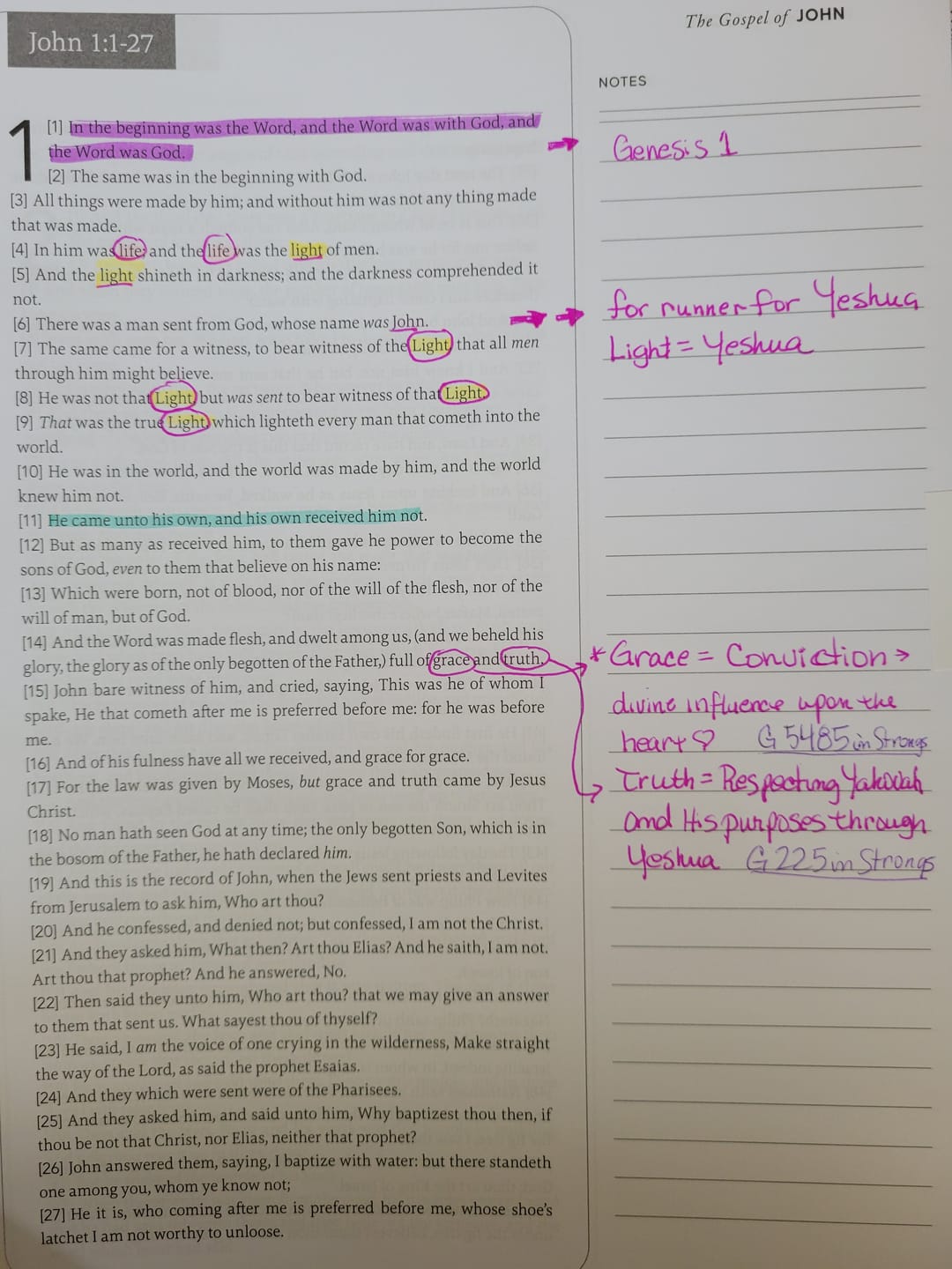 Bible page with highlighted text and handwritten notes in pink ink.