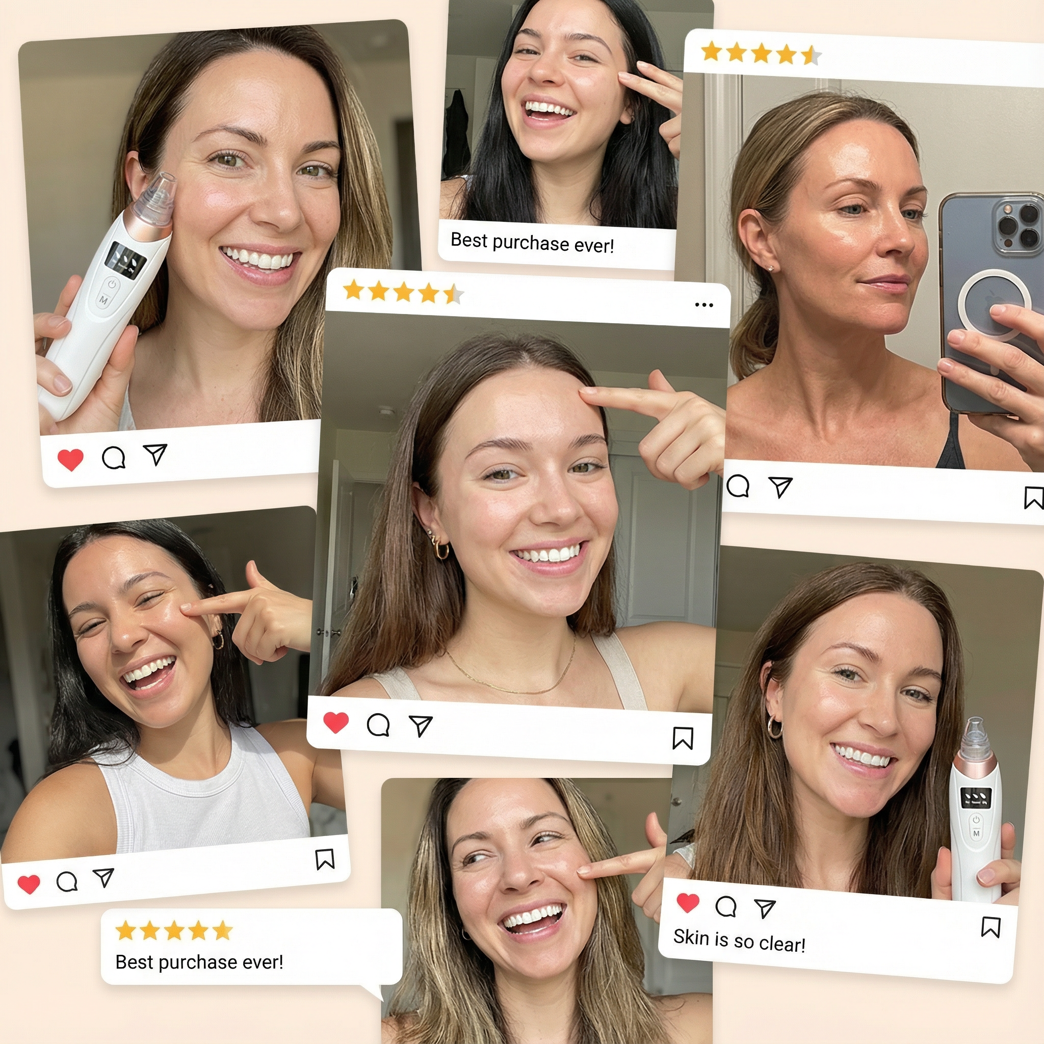 Collage of people smiling with skincare product and social media elements.