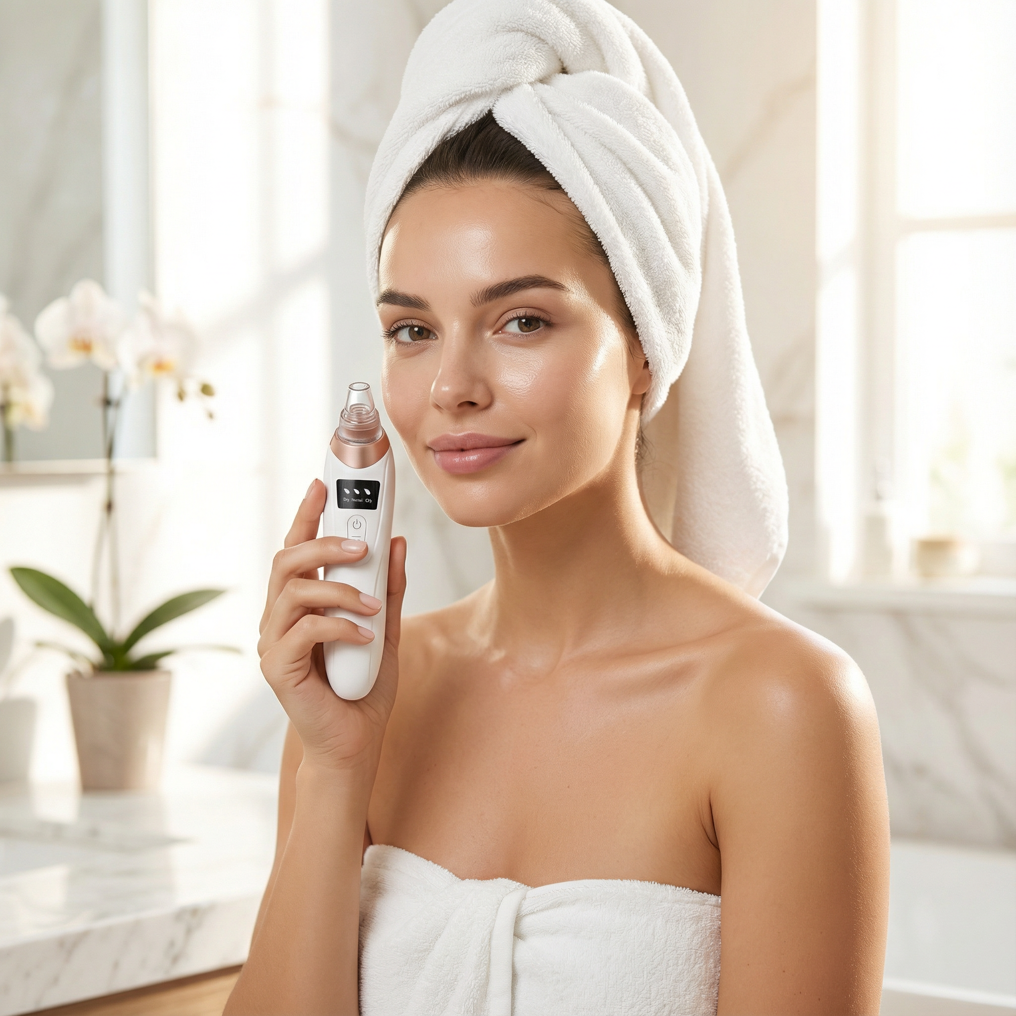 Woman with towel on head holding skincare device in bathroom.
