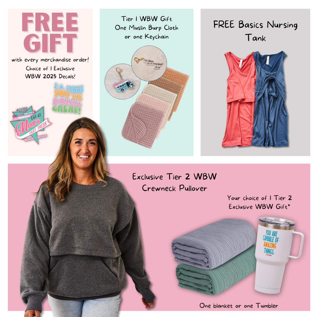 Promotional image with gifts, clothing, and a smiling woman in a pullover.