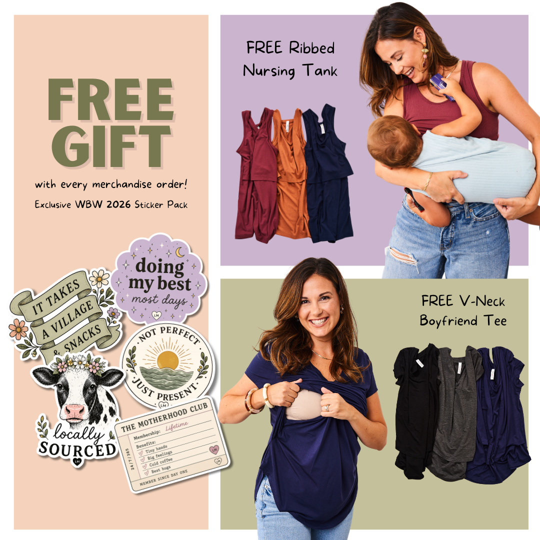 Advertisement showing free gifts with purchase: a sticker pack, a ribbed nursing tank, and a v-neck tee.