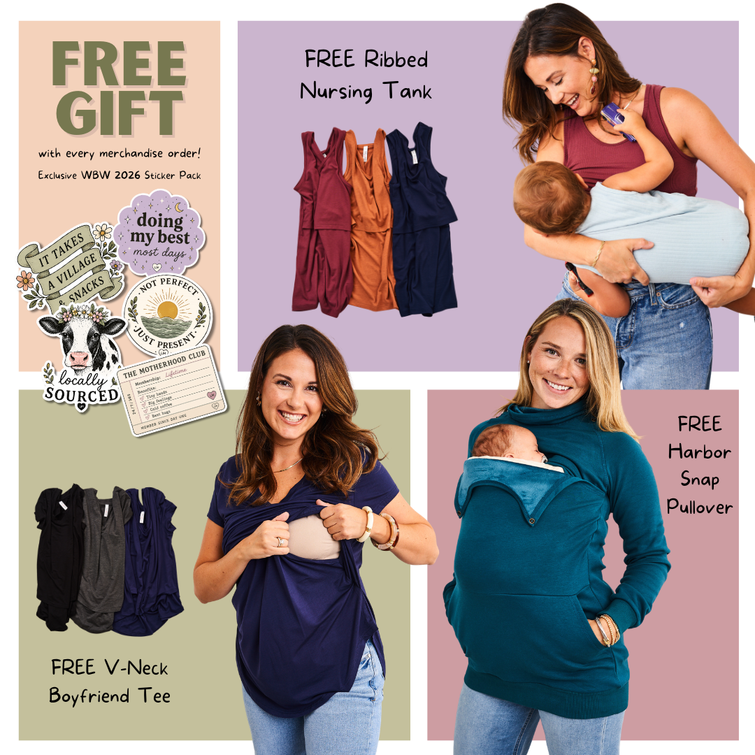 A collage of mothers wearing nursing tops and holding babies, advertising free gifts with purchase.