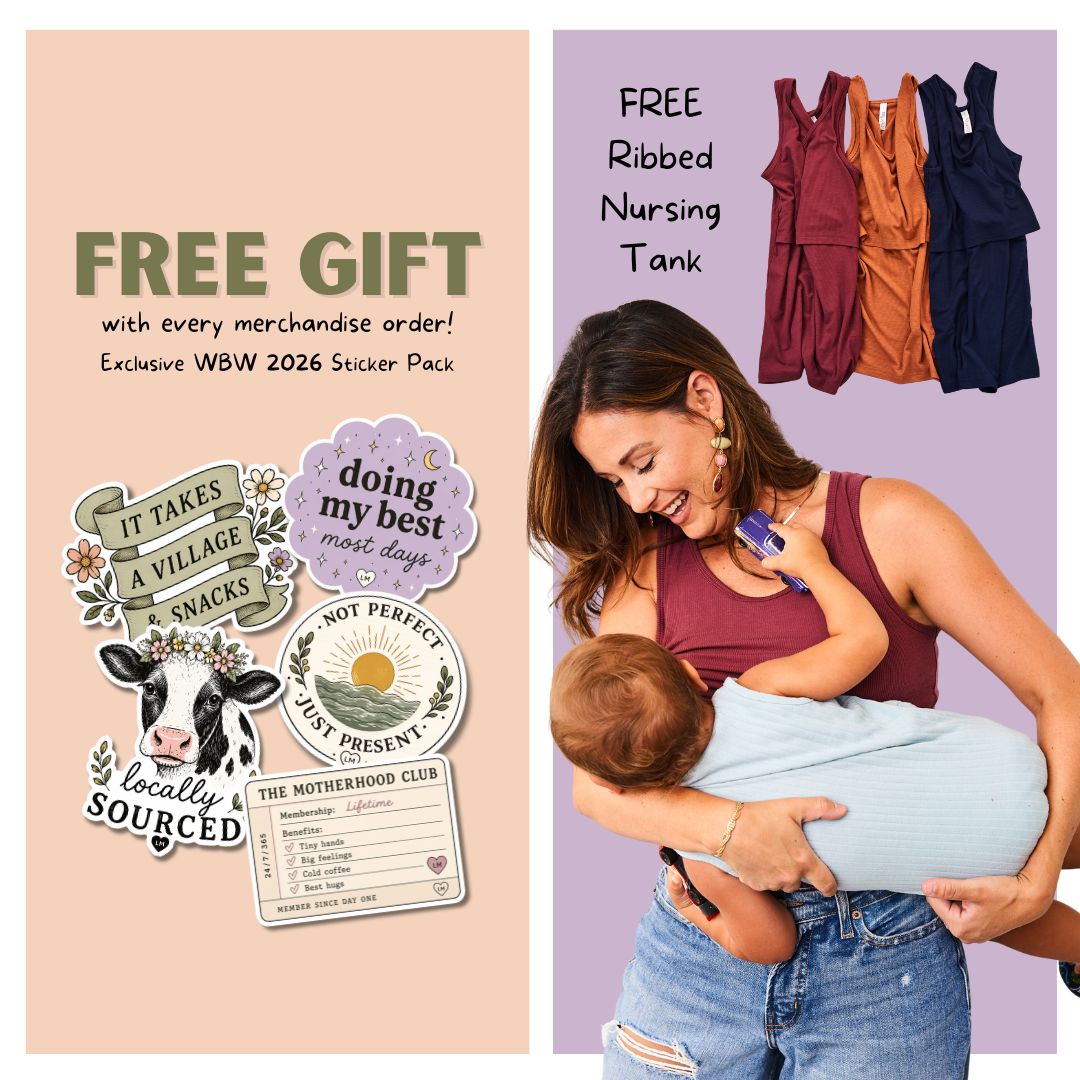An advertisement showing a woman holding a baby, promoting free stickers and free nursing tanks.