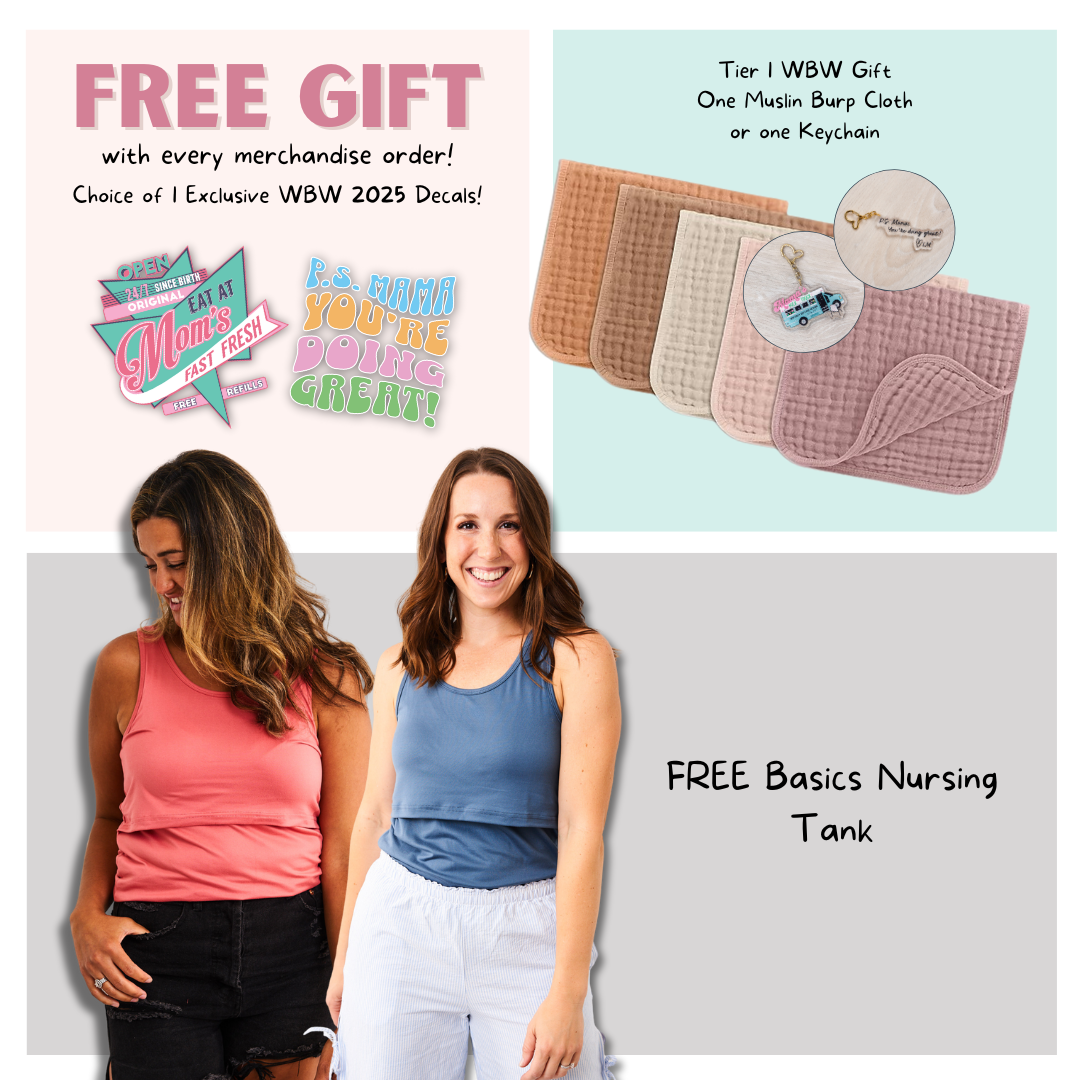 Promotional image with gifts, decals, burp cloths, keychain, and two women in tank tops.