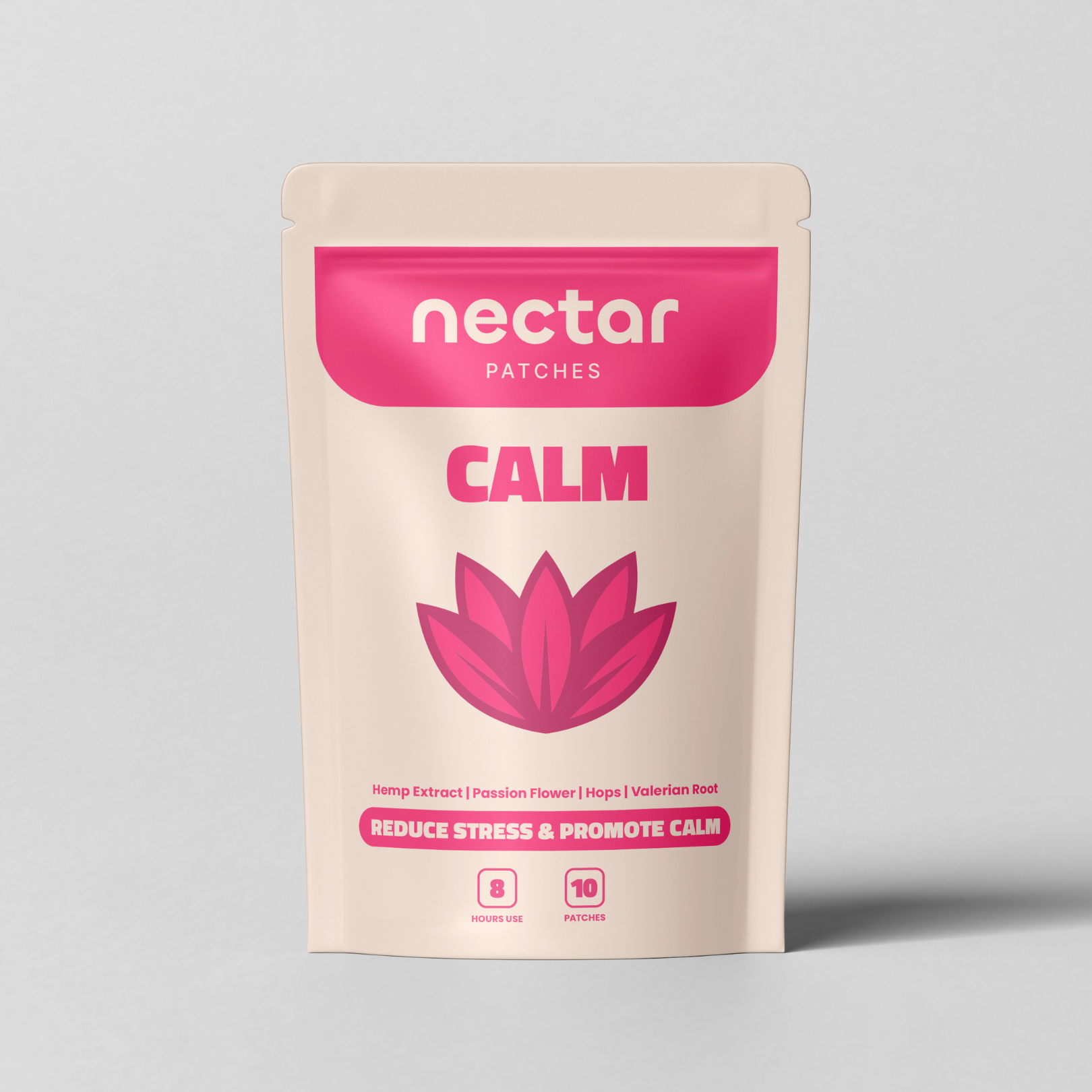 Beige package labeled 'nectar patches CALM' with pink lotus design.