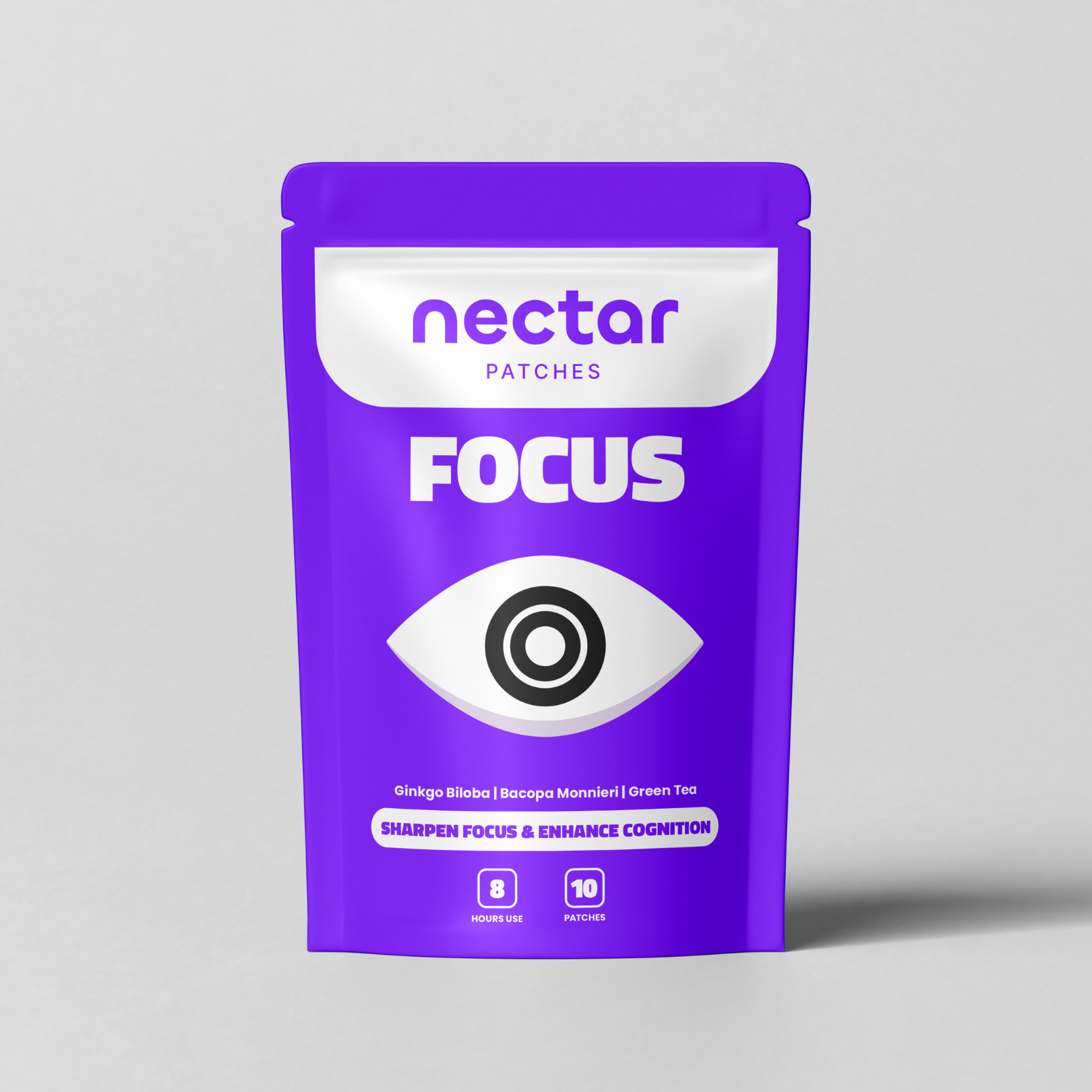 Purple package labeled 'nectar patches focus' with an eye symbol.