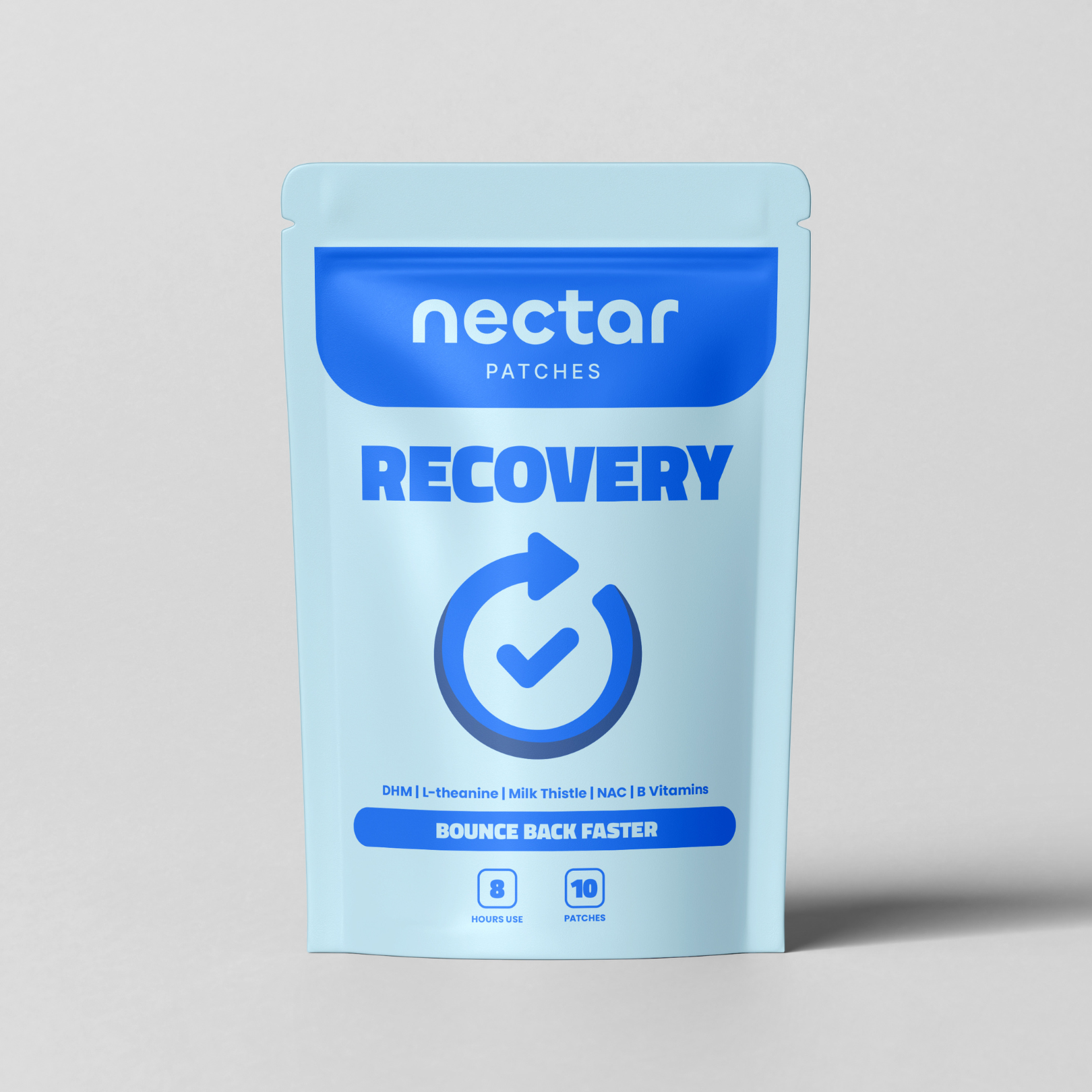 Blue and white packaging for Nectar Recovery patches.