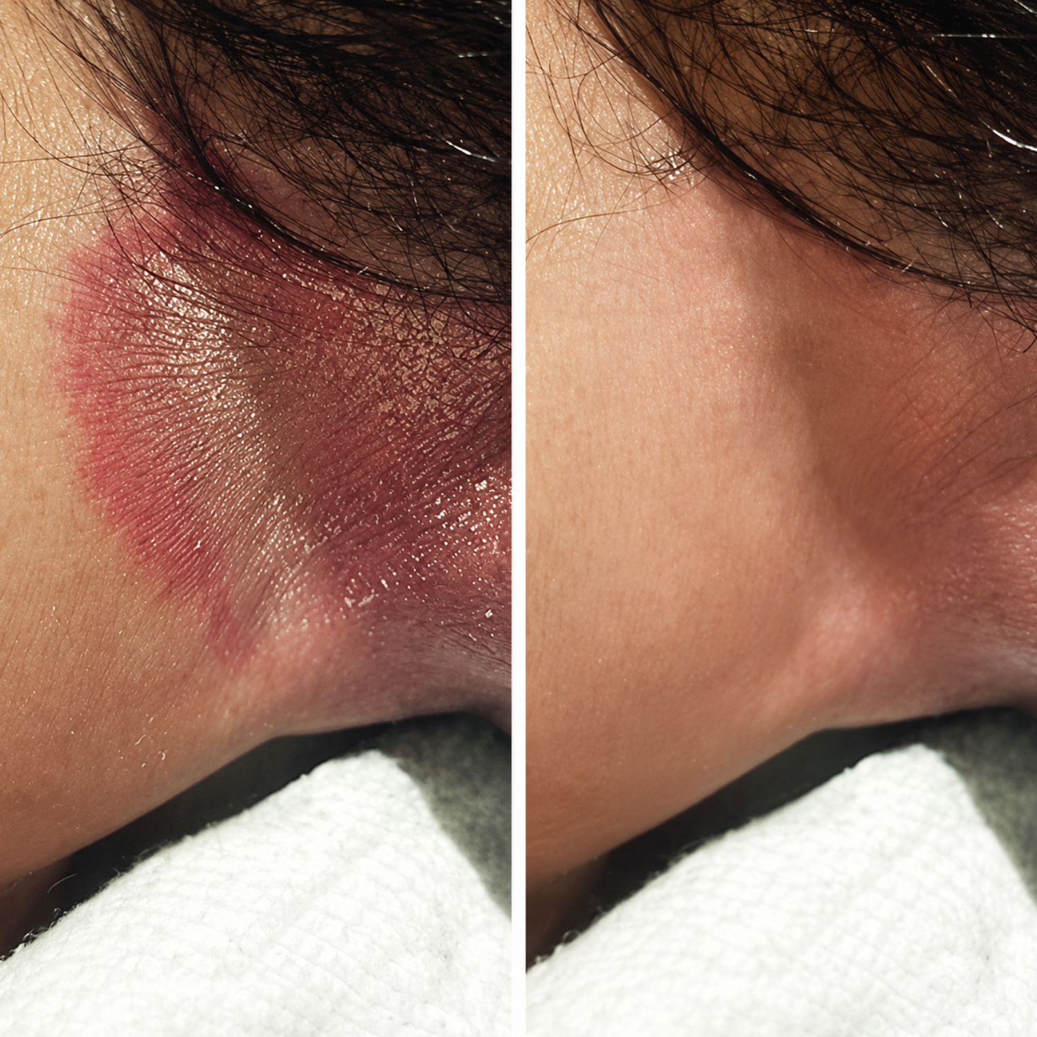 A side-by-side comparison shows a circular red skin lesion on the left and the same area healed on the right.