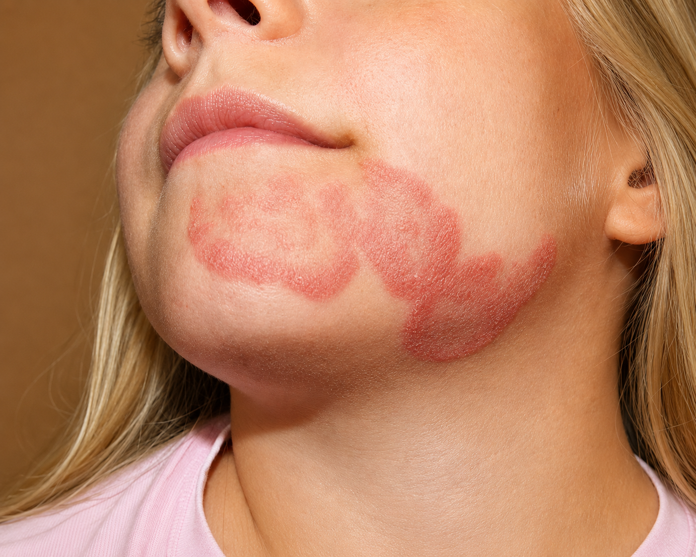 A close-up of a woman's face with a red, scaly rash on her chin and jawline.