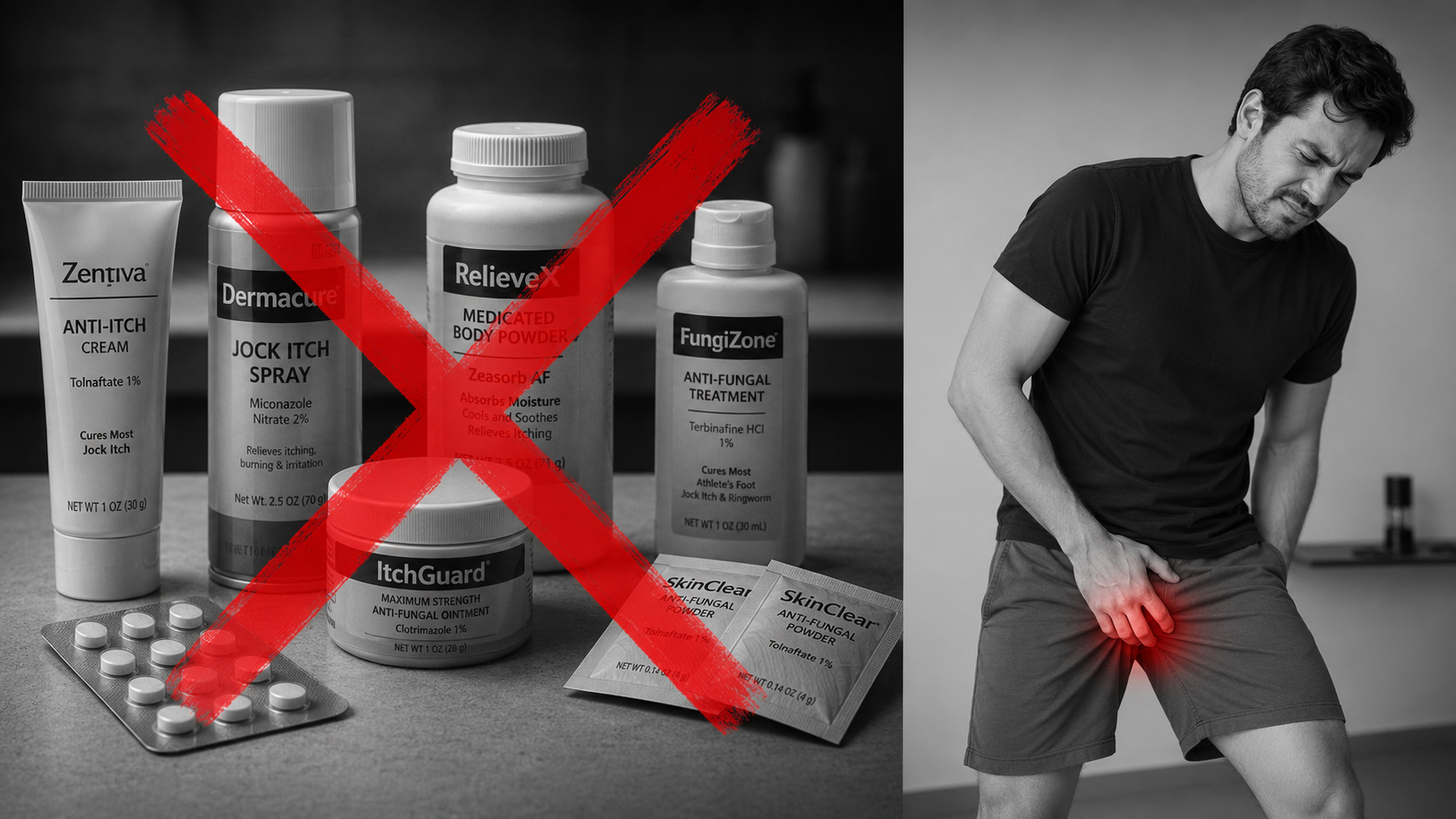 A split image shows crossed-out antifungal products next to a man holding his groin in discomfort.