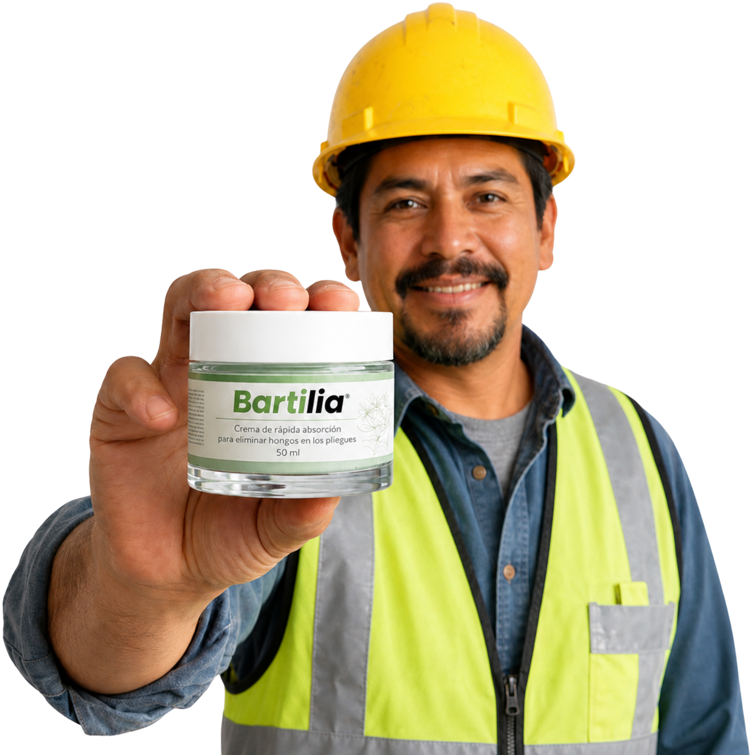A man in a white coat holds up a jar of Bartilia cream towards the camera.